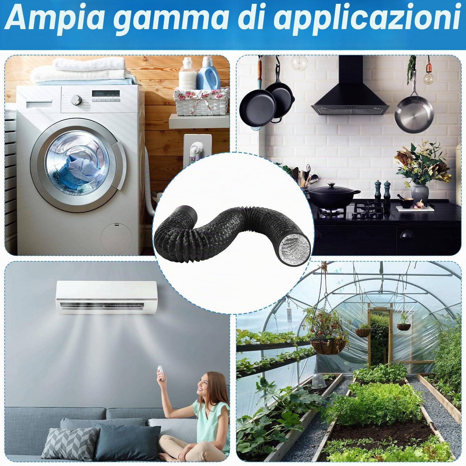 Tubo di Scarico PVC Ø80mm 2,5m Tubo di Ventilazione Flessibile Alluminio | Tubo di Scarico Ventilatore con Nastro in Alluminio 50mm x5m e 2 Fascette Stringitubo per Aria Condizionata Cappa Aspirante