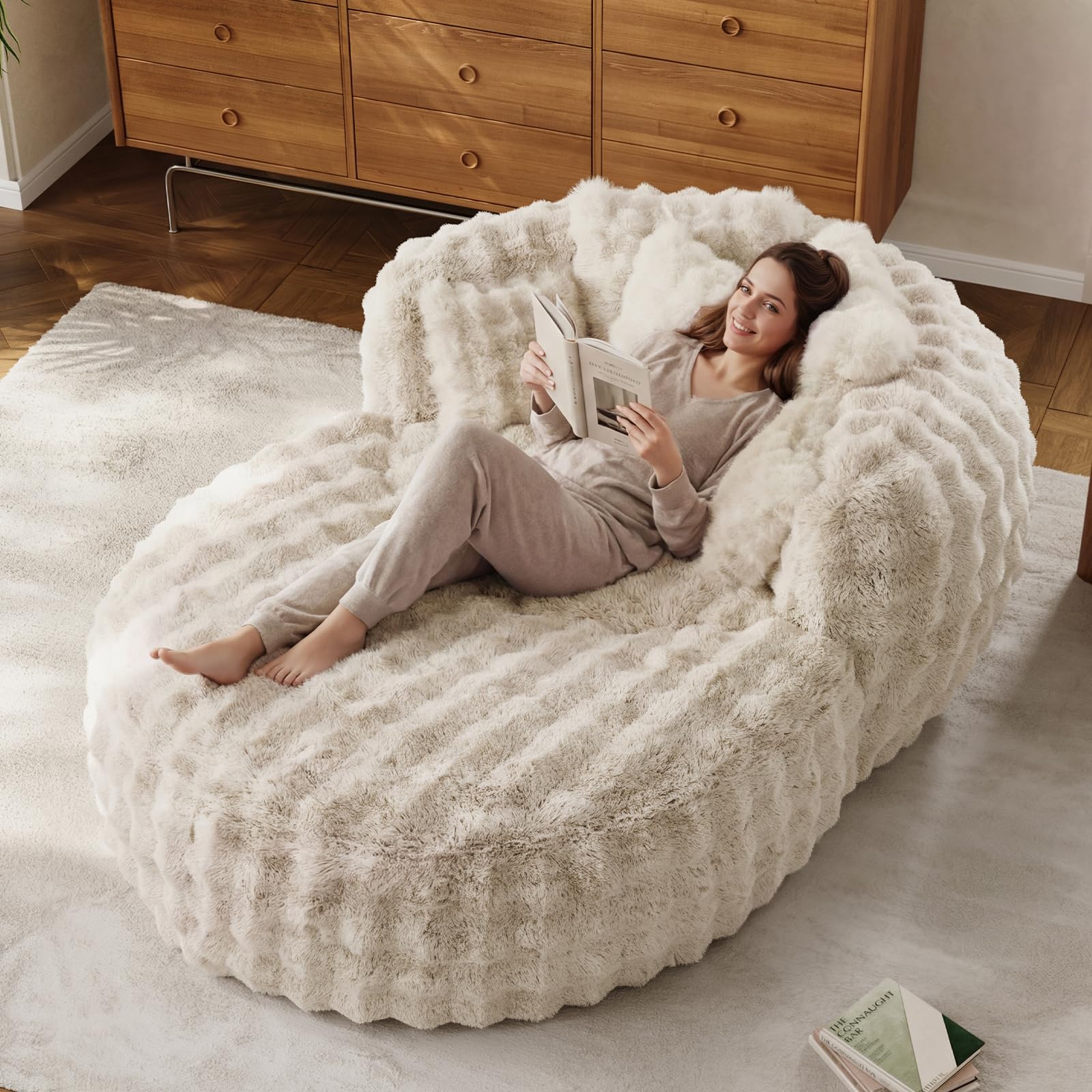 DAMAIFROM Oversized Chaise Lounge Chair Indoor with Ottoman 55" W x 75" L Round Reading Chair Plush Faux Fur Corduroy Cloud Circle Boneless Chair with