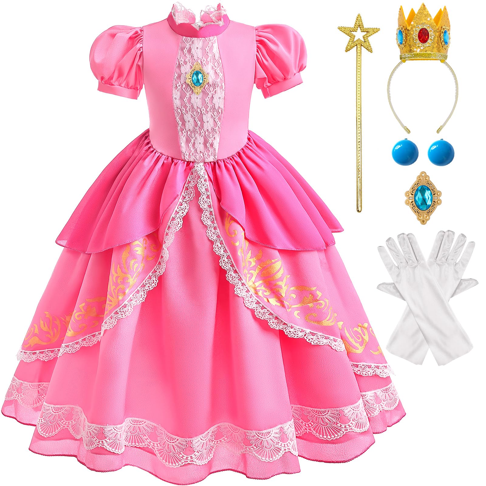 Tacobear Princess Peach Costume for Girls Dress with Accessories Halloween Birthday Kid Toddler Princess Dress Up Clothes