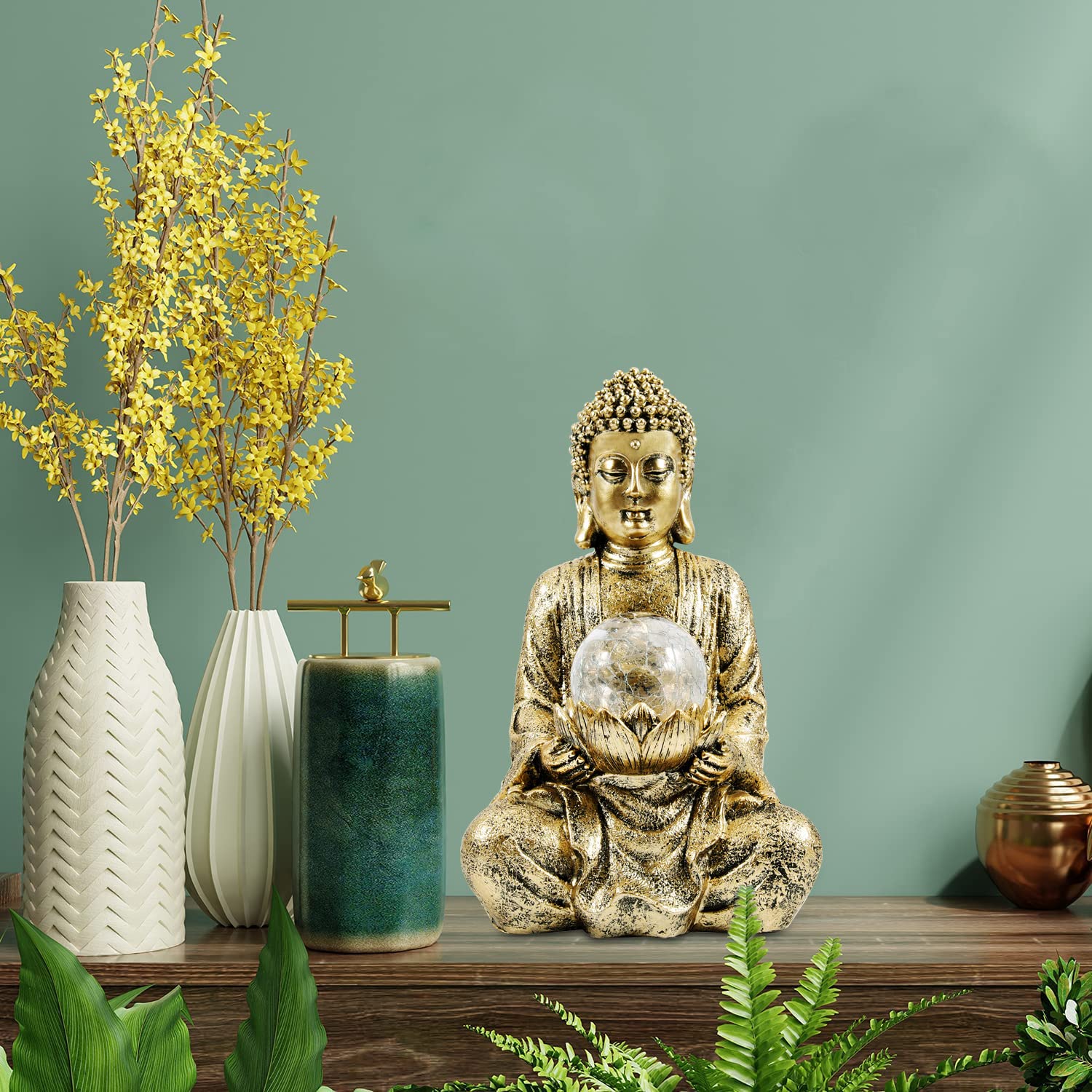 Yeomoo Statue Bouddha Zen avec Globe Solaire Décoration Jardin 26,5cm