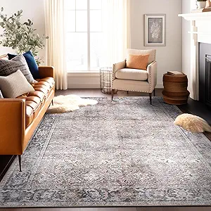 Rugshop Olive/Gray Vintage Distressed Large Area Rug — Machine Washable, 9'x12' for Living Room, Dining Room and Bedroom