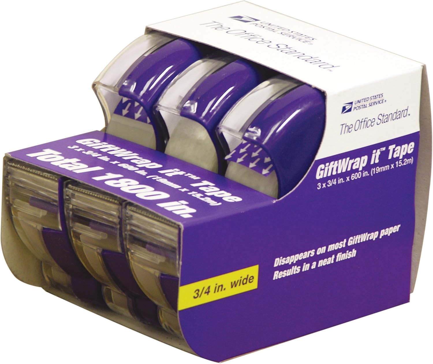 LePage's USPS Gift Wrap Tape with Press 'n Cut Dispenser, 3/4 x 600 Inches Each, 3