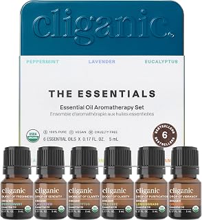 Cliganic Organic Essential Oils Set - Top 6 Pure Aromatherapy: Peppermint, Lavender, Eucalyptus, Tea Tree, Lemongrass, Orange | USDA Certified