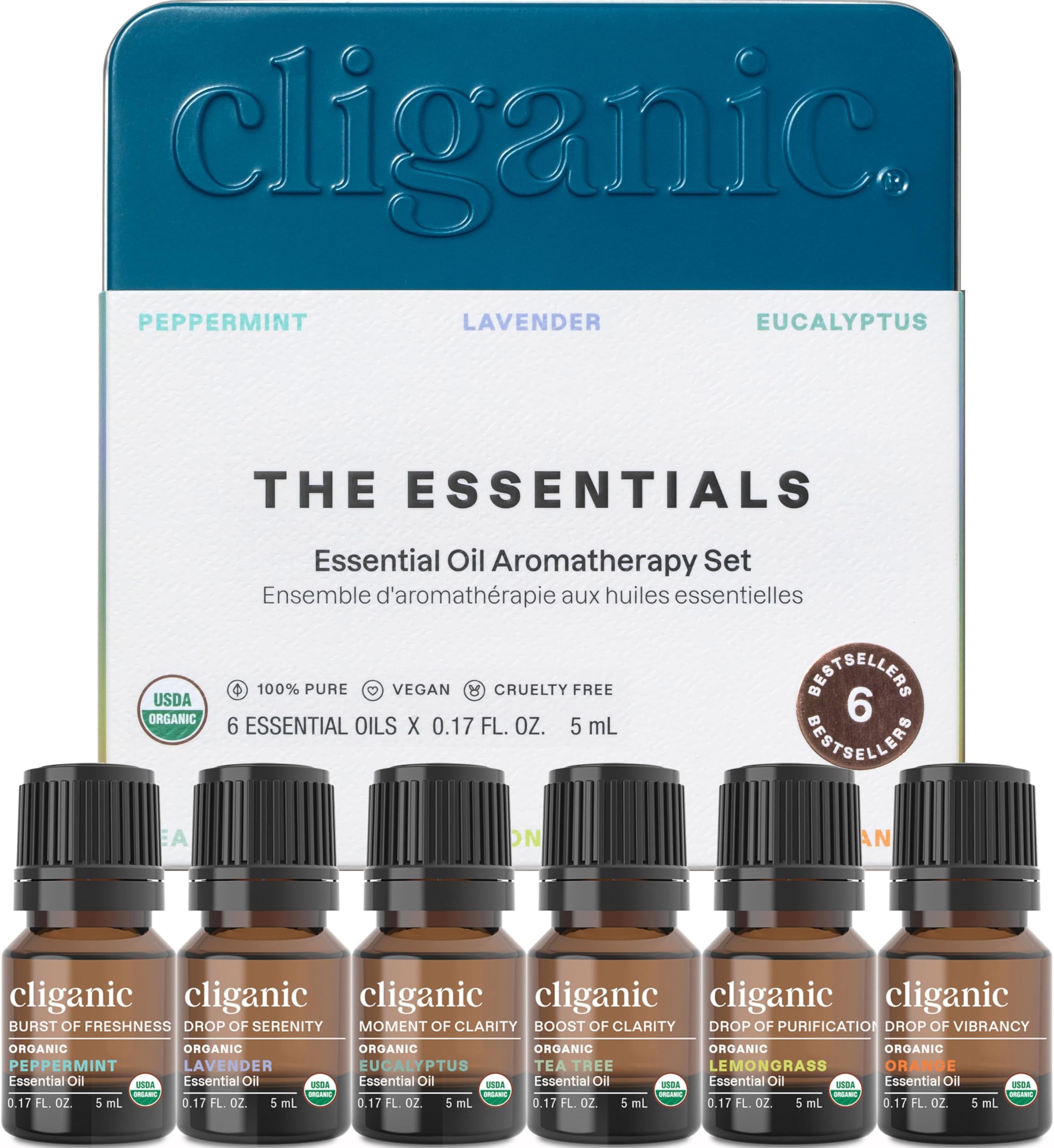 Organic Aromatherapy Essential Oils Set (Top 6 - The Essentials), 100% Pure Natural - Peppermint, Lavender, Eucalyptus, Tea Tree, Lemongrass & Orange (Packaging May Vary)