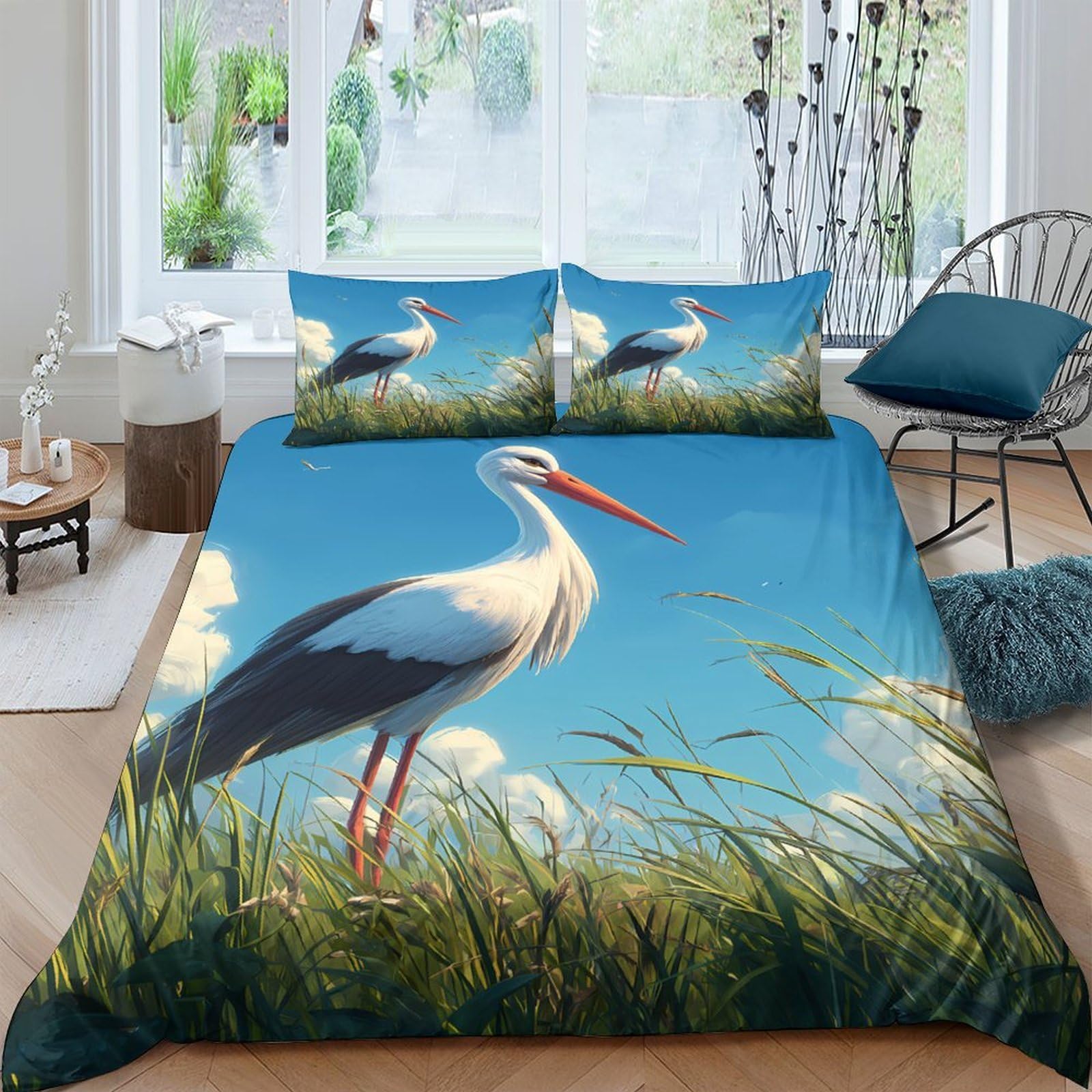Ctjqhvkz Style-10 3D Printed Stork Meadow Fitted Sheet Microfiber Soft Blue Green Grass Mattress Cover For Bedroom Guest Room Decor Single（135X200cm）
