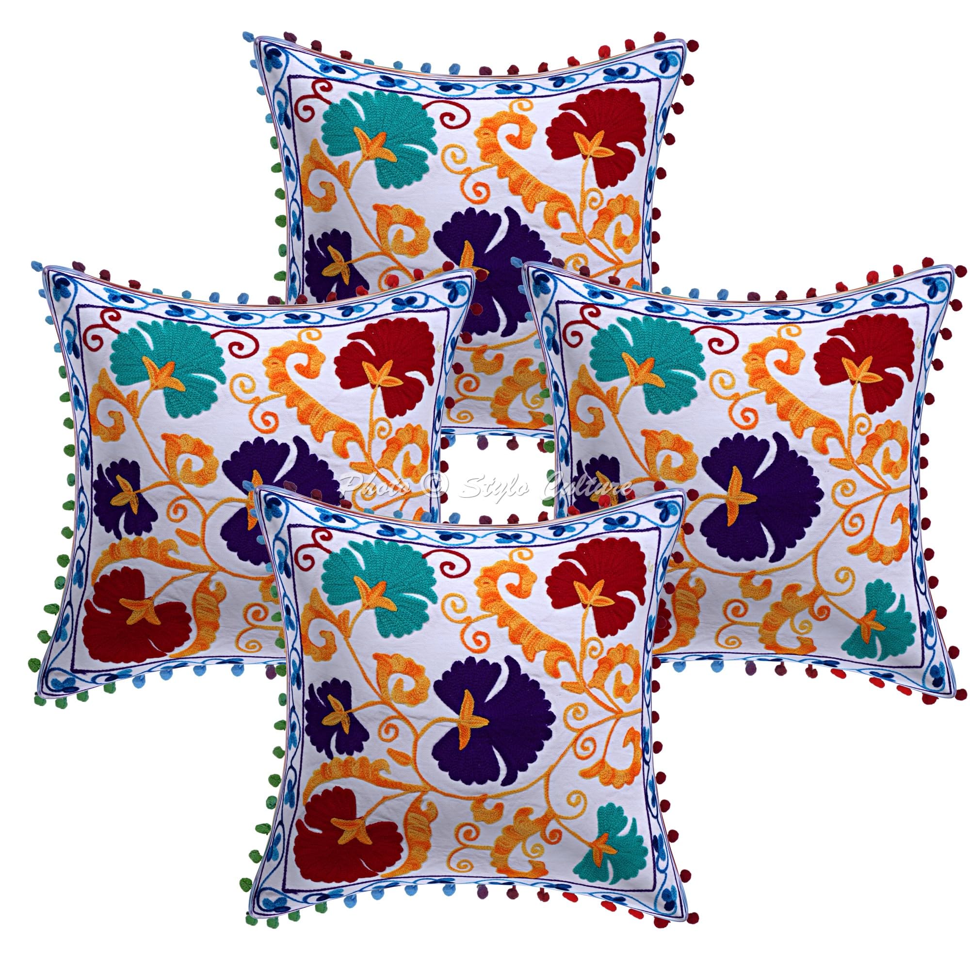 Indische Dekorativ Baumwolle Weiß Couch Kissenbezüge 40x40 cm Dekokissen Suzani Bestickte Pom Pom Spitze Schlafzimmer Sofa Kissen Bezüge Blumen Quadrat Kissenhullen - 4 STK.