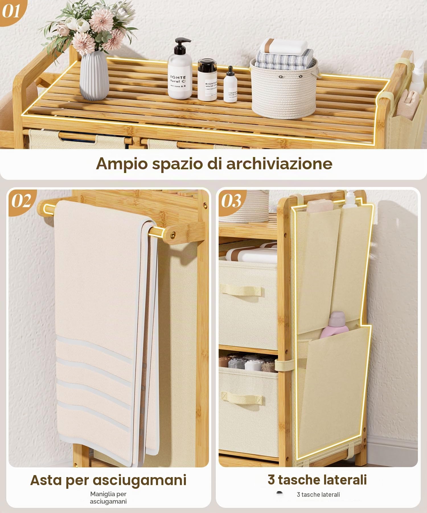 Yorbay Cesto portabiancheria a 3 scomparti, in bambù, 140 l, con ripiano, porta asciugamani e piccole tasche laterali, per bagno, camera da letto e lavanderia, 87 x 41 x 77 cm, beige