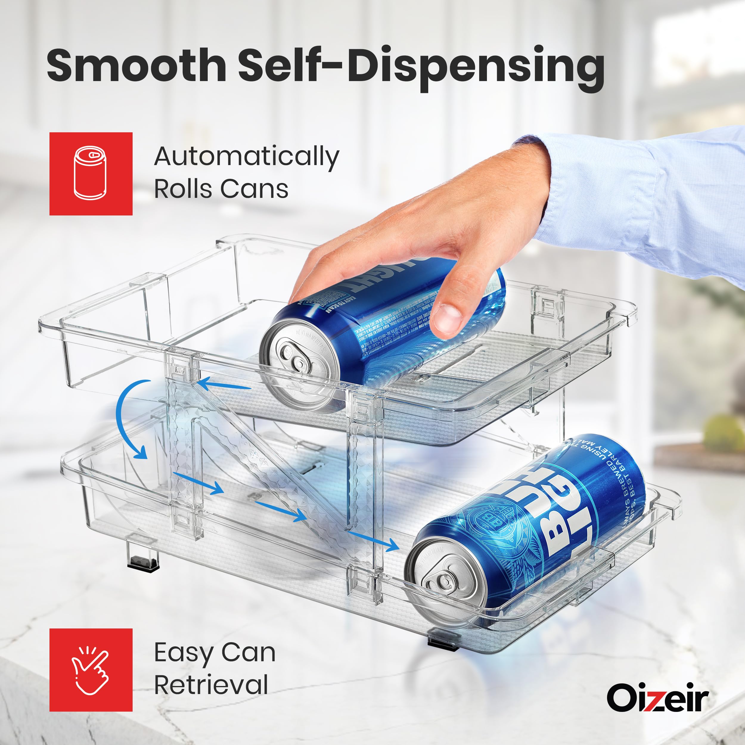 Dispensador de latas de refresco expandible, paquete de 2, diseño transparente para refrigerador, cocina y despensa, organizador de almacenamiento para latas, botellas de bebidas, alimentos enlatados