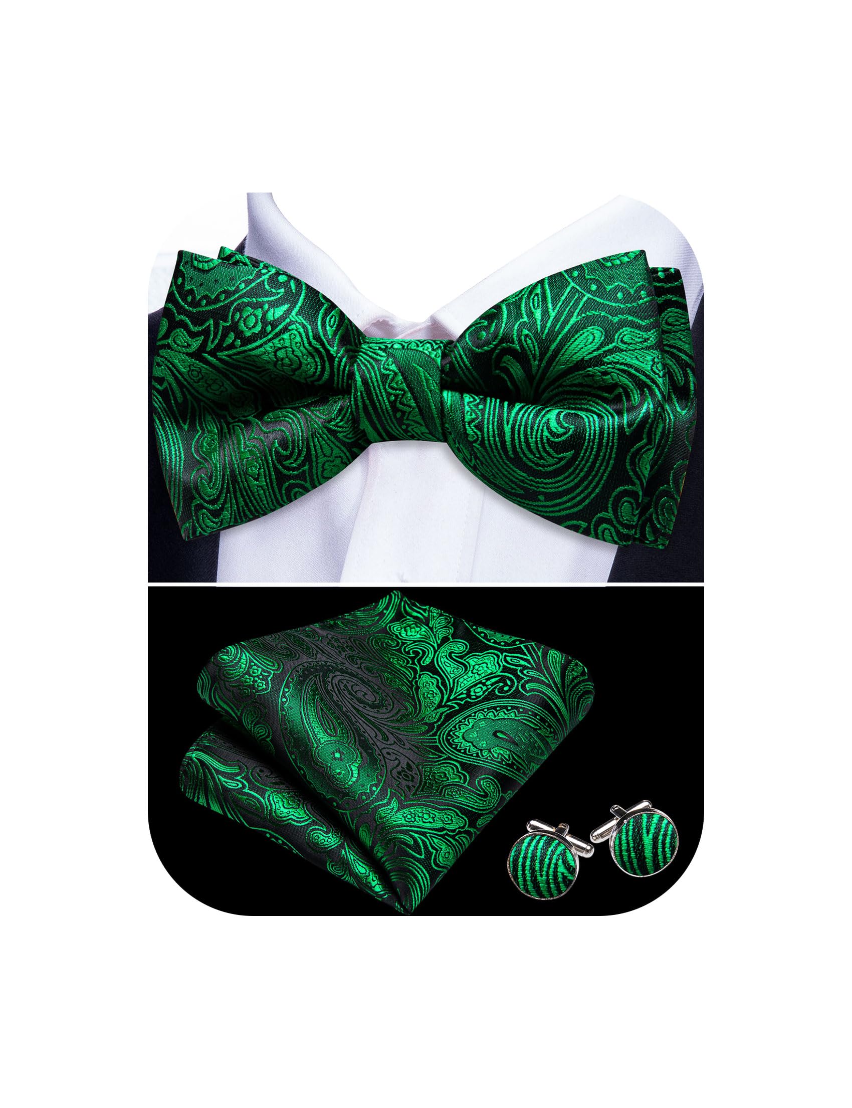 Barry.Wang Paisley Striped Bow Tie for Men Silk Pre-Tied Bowtie Pocket Square Cufflinks Set Formal Wedding Party Prom