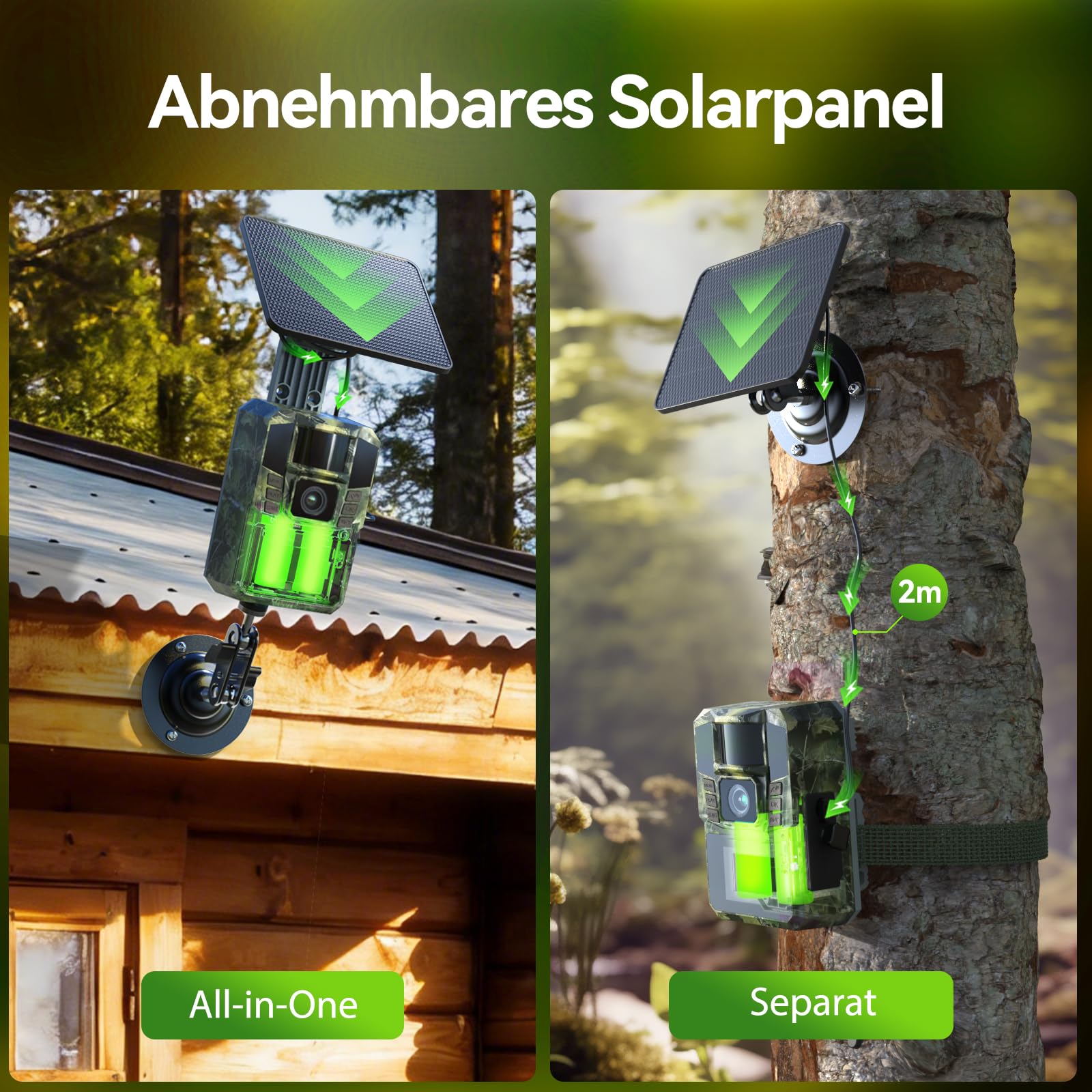 WLAN Solar Wildkamera 4K 48MP mit Handyübertragung APP, Wildtierkamera mit Nachtsicht Bewegungsmelder Eingebaute 5200mAh Lithium-Batterie,64GB SD Karte, 0.1s Auslöser Bewegungsaktiviert, IP65