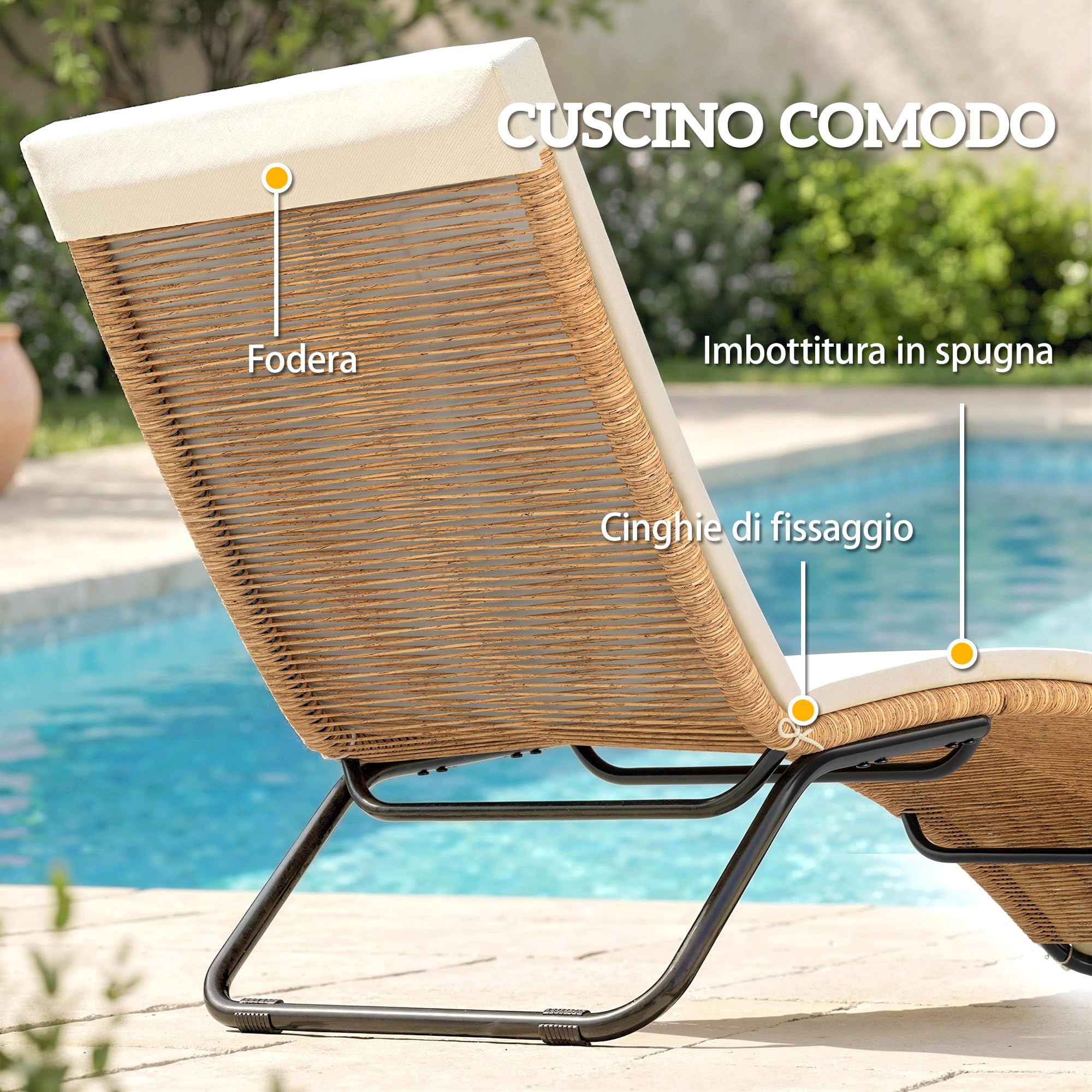 Outsunny Lettino Prendisole in Rattan Forma S con Cuscino 175x57x80cm Crema | Lettino da Giardino, Struttura in Acciaio, per Patio Spiaggia Piscina Giardino