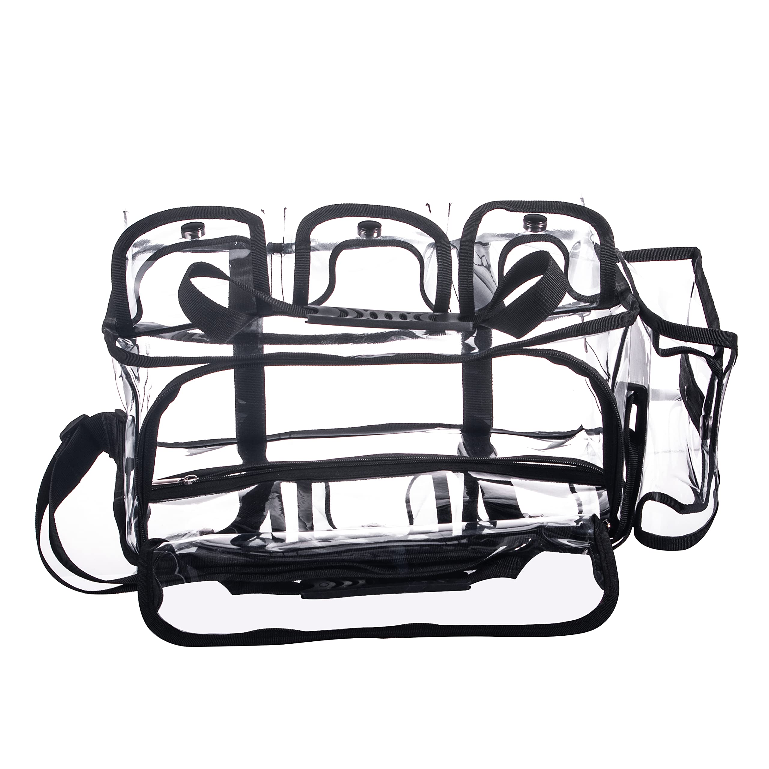 Professional Large Clear PVC Travel Bag with 6 Exterior Pockets and Strap, Black, Professional Makeup Bag - Image 3