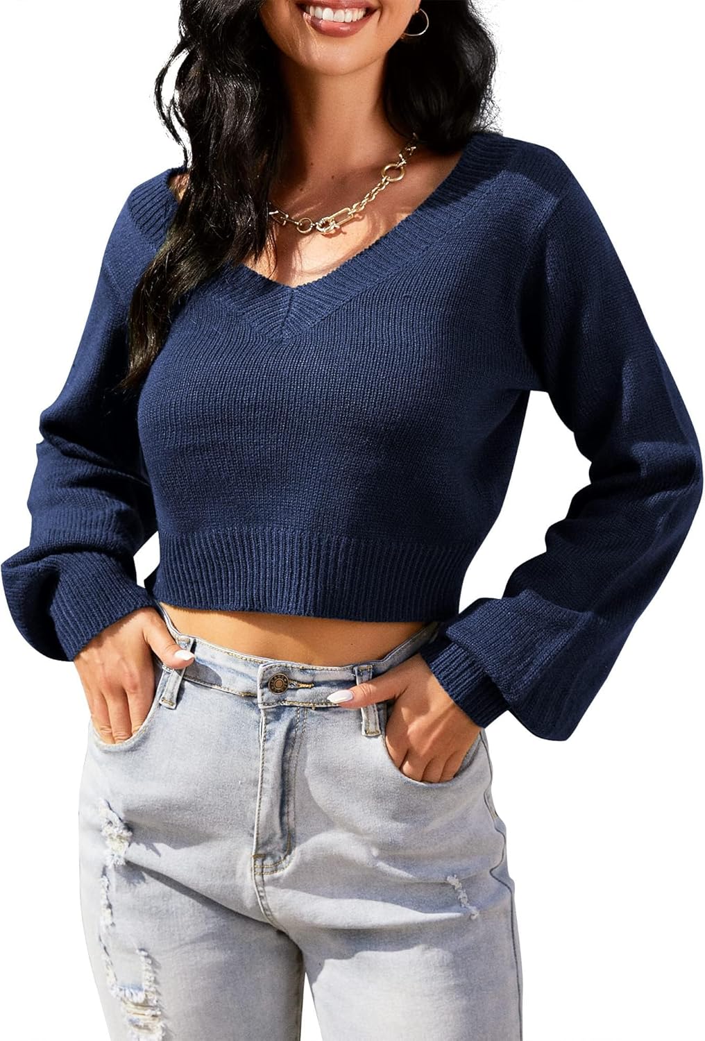 ZAFUL Women's Cropped Sweater V-Neck Long Sleeve Crop Sweater Pullover Jumper Knit Top - Image 2