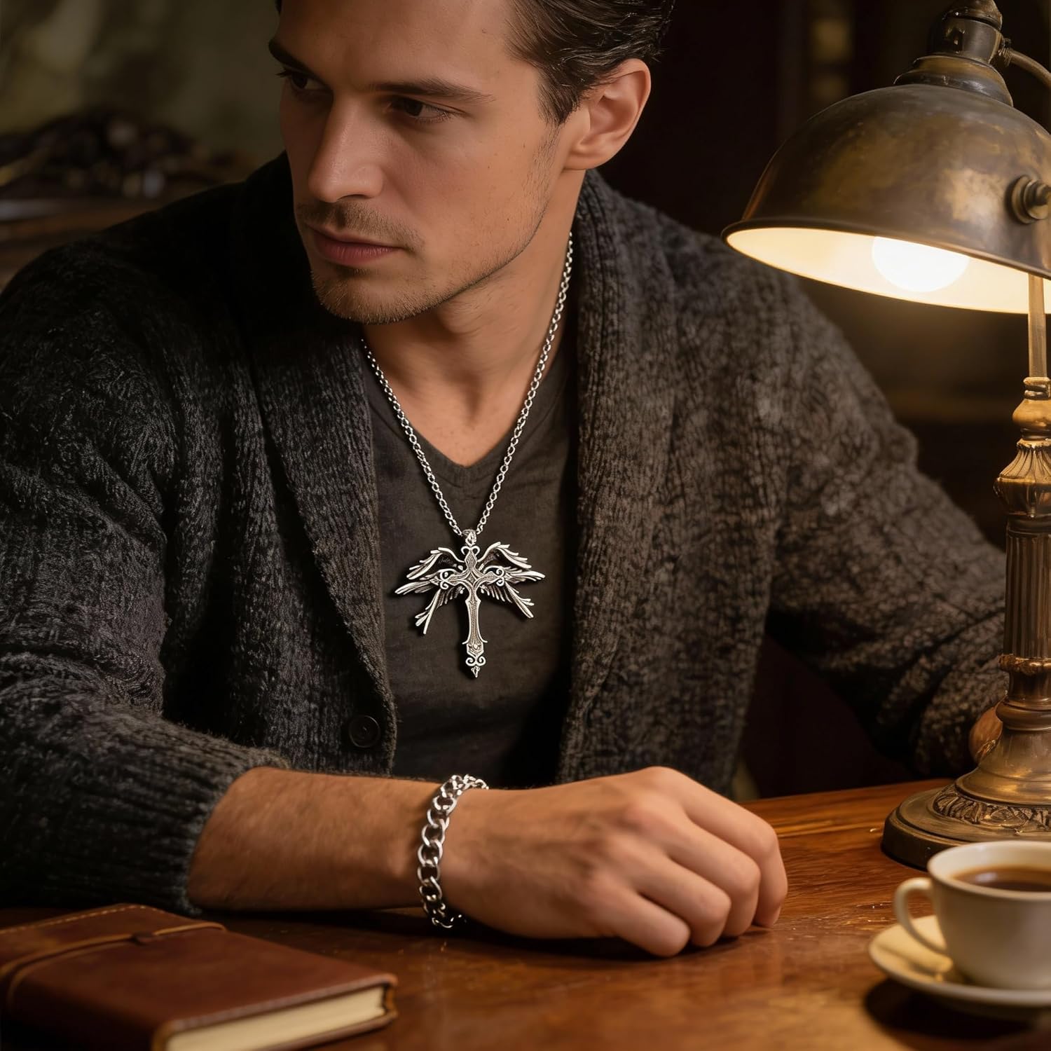 Gothic Cross Necklace for Men Vintage Six Winged Angel Cross Pendant Necklace Punk Silver Talisman Charm Necklace Biker Style Halloween Accessory - Image 5