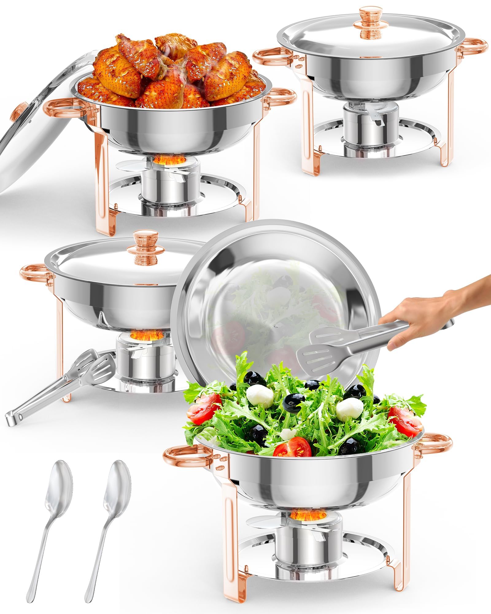 Juego de platos para rozaduras – Calentadores redondos de acero inoxidable con cuchara y pinzas para catering, bodas, fiestas y picnics