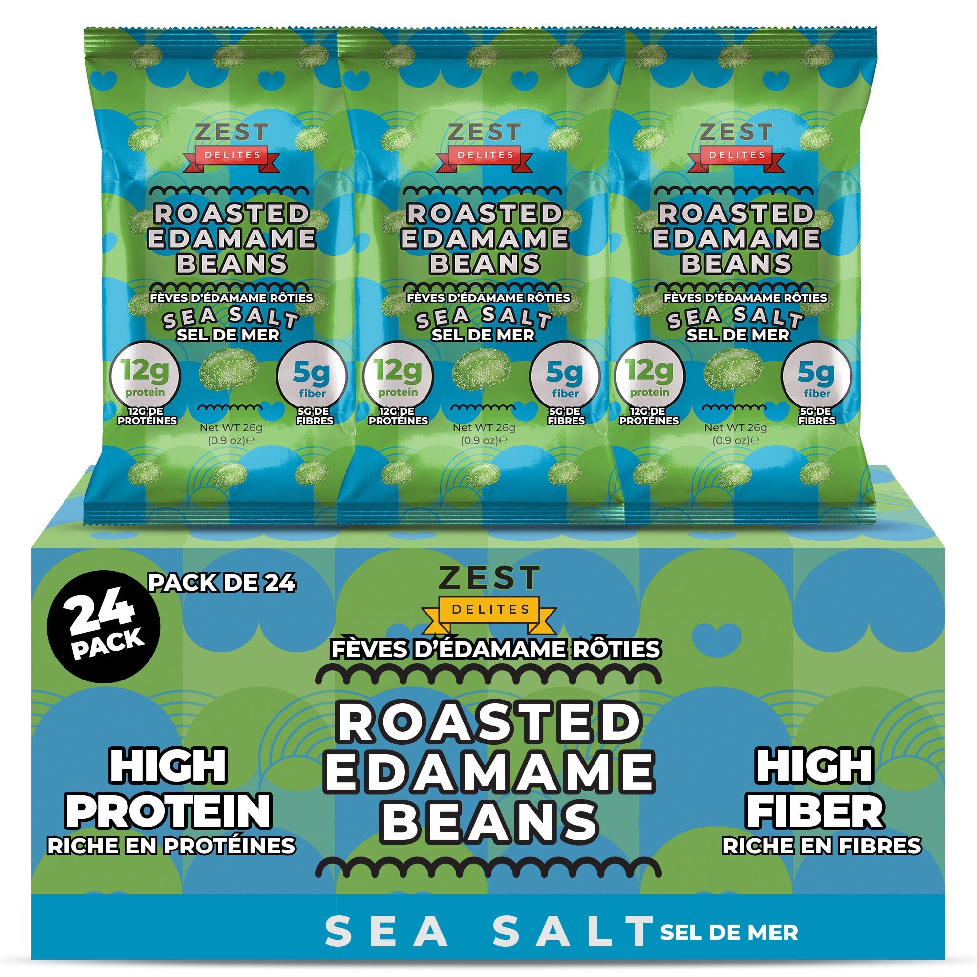 Edamame Snack by Zest Delites, 26g x 24 Packs, 12g Protein Per Serving, Healthy High Protein Snacks for Adults & Kids, Keto, Low Carb, Low Calorie (110cal), Sea Salt Flavor