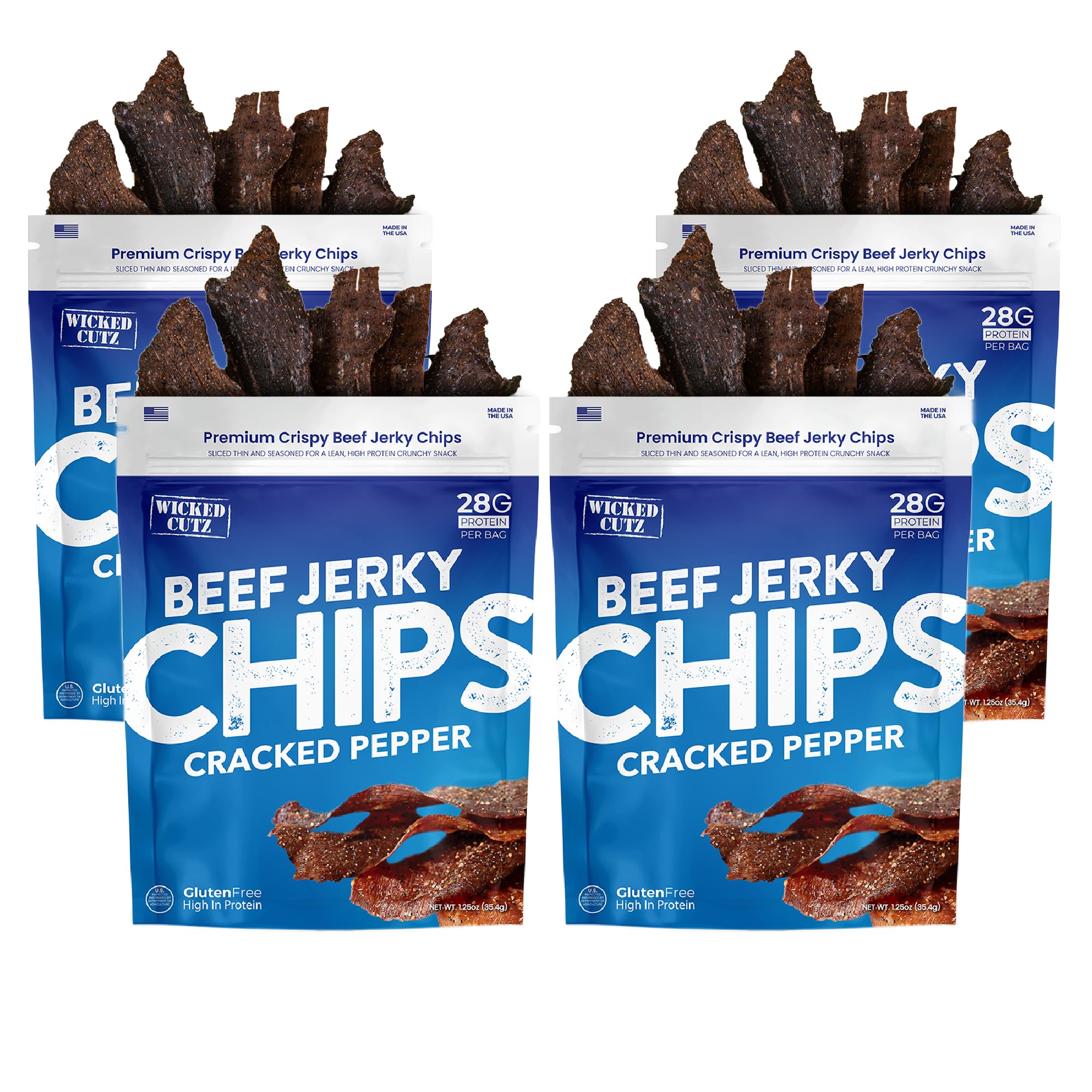 Wicked Cutz Cracked Pepper Beef Jerky Chips, 28g Protein per Bag, Crispy & Crunchy Beef Jerky Crisps, USA Made Pepper Flavored Chips, High Protein