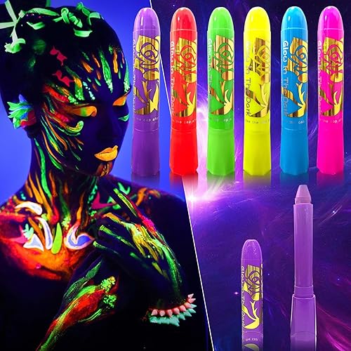 Juego de 6 lápices de colores de pintura corporal que brillan en la luz negra, kit de pintura corporal reactiva a la luz negra, palitos de pintura