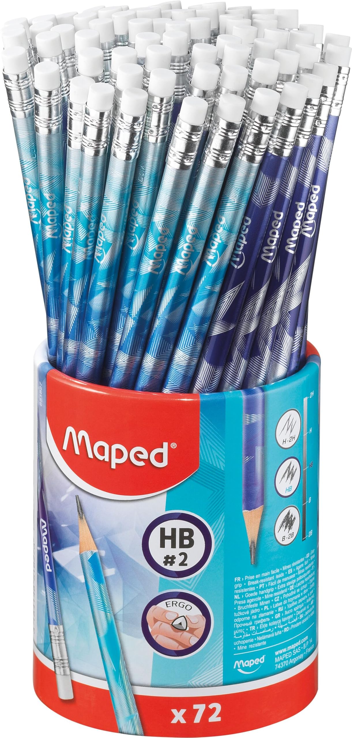 Maped - 72 Arctic Vibes Graphites - HB Pencils Eraser Tip - Comfortable Triangular Shape - Durable Lead - Pot for Schools