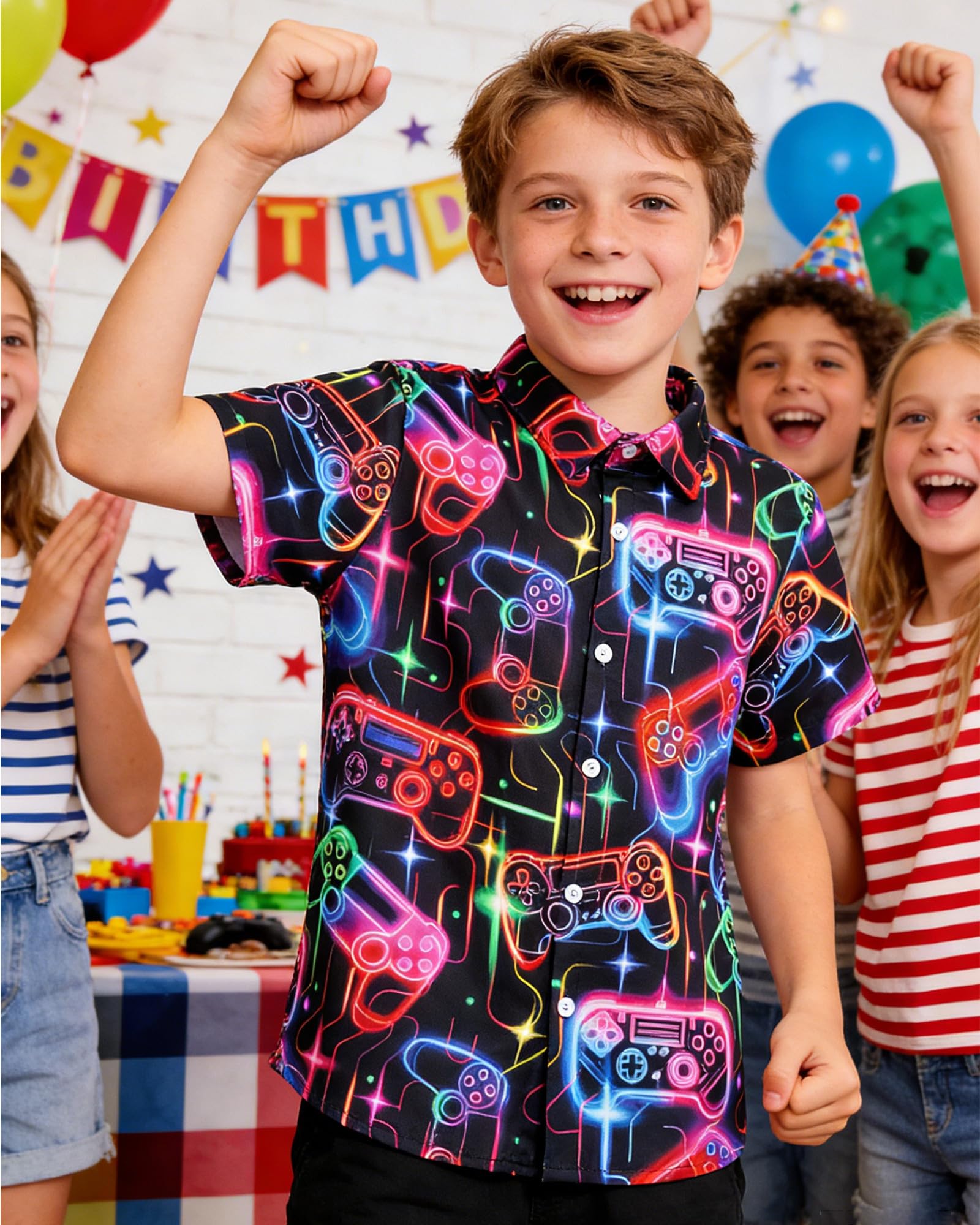 Fanient Chemise à manches courtes pour garçon - Chemise de loisirs - Imprimé fluo - Chemise quotidienne pour enfants de 7 à 14 ans
