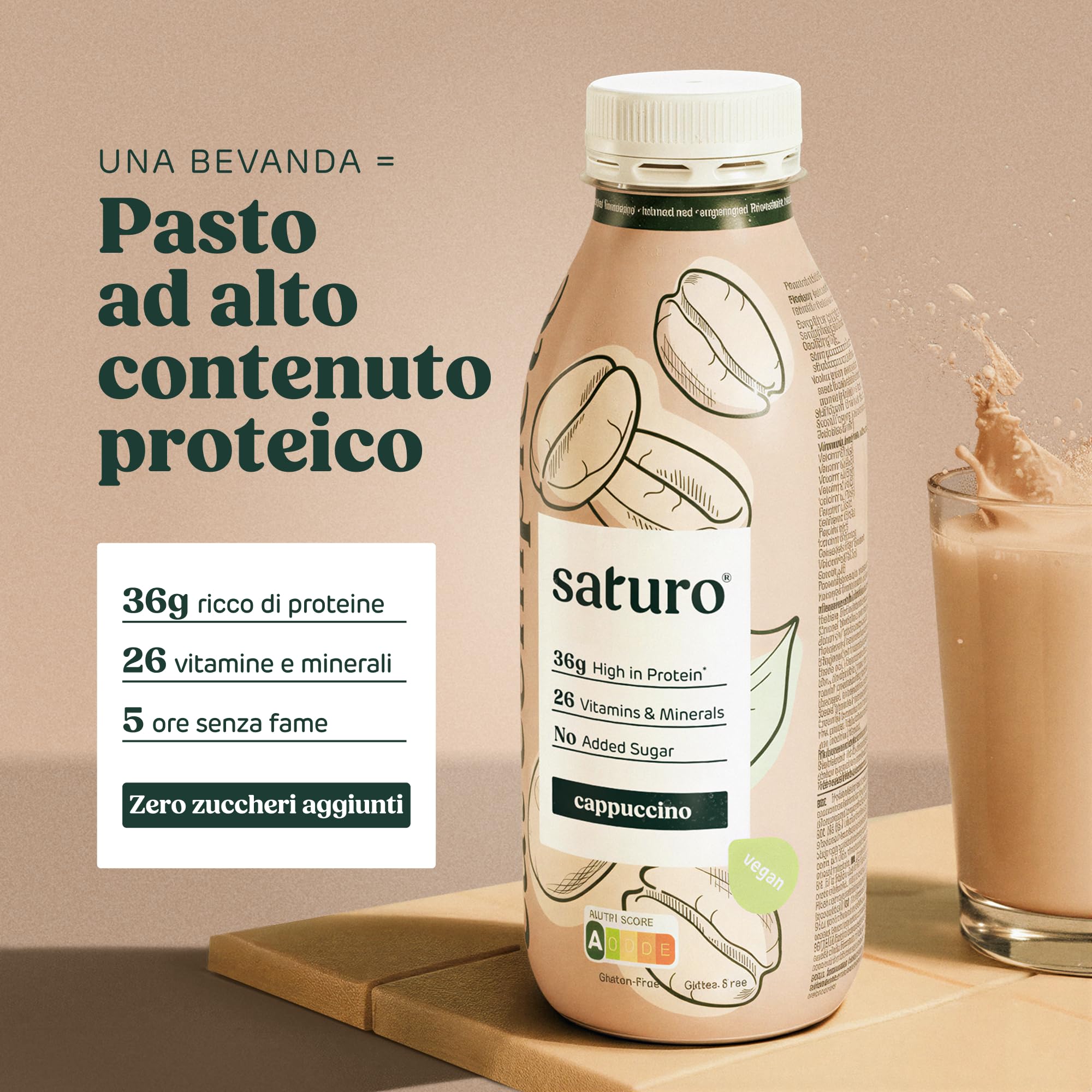 Saturo Pasto Sostitutivo Frullato Gusto Cappuccino | 36 g di proteine & senza zucchero | 400 kcal | Vegano | Pasto Bevibile con Nutrienti Essenziali | 6 x 400 ml
