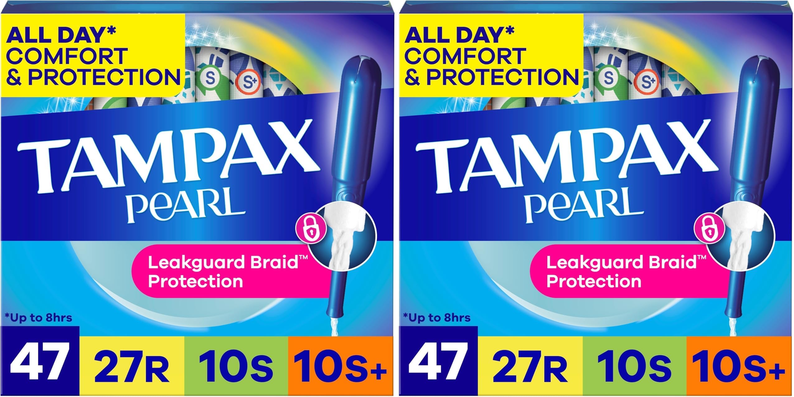 Tampax Pearl Tampons Multi Pack, with LeakGuard Braid, Regular/Super/Super Plus Absorbency, Unscented, 47 Count (Pack of 2)