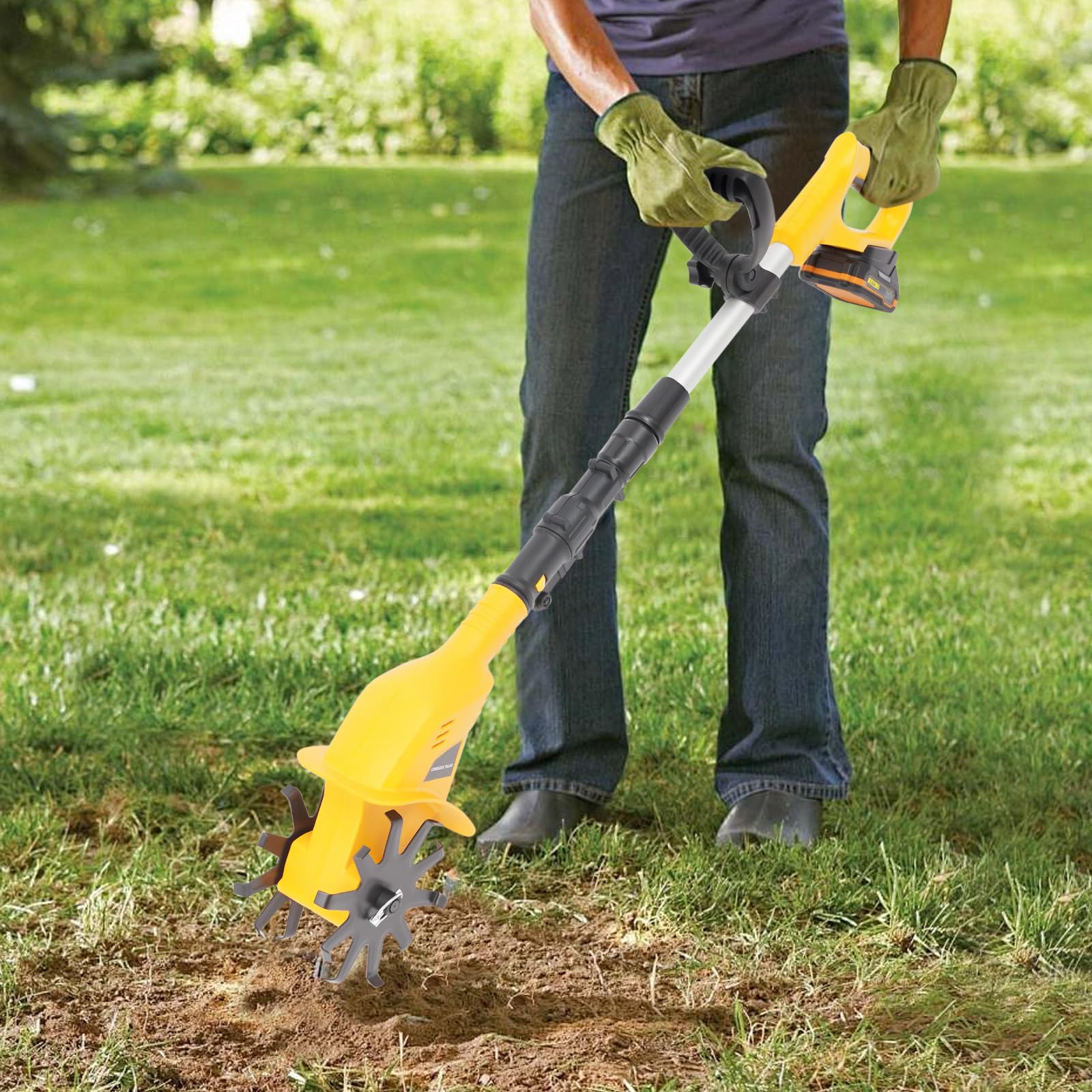 Motoazada inalámbrica de 20 V de ion de litio, azada de jardín con mango ajustable | Fresa de tierra para malas hierbas y excavación (incluye batería y cargador)