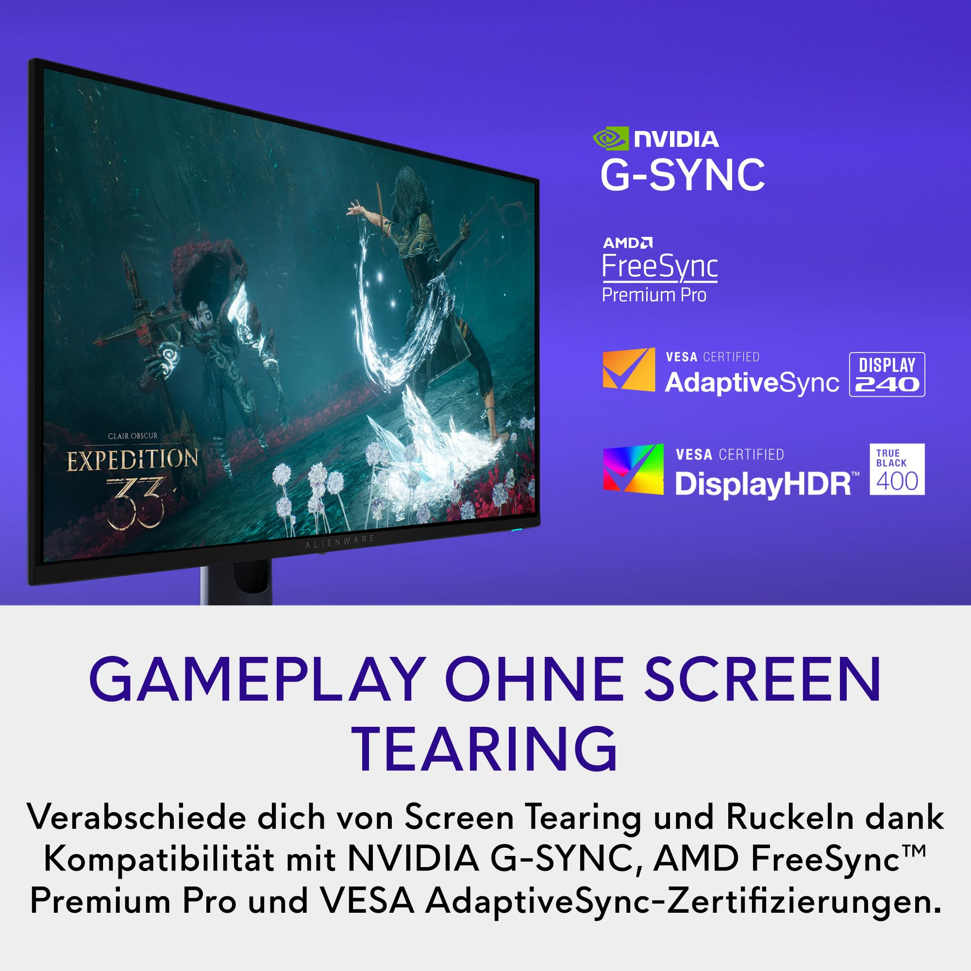 Alienware 27 Gaming Monitor AW2725Q, 3840x2160, 240Hz, QD OLED, 0.03ms | Dolby Vision, VESA DisplayHDR True Black 400, 99% DCI-P3, 1000 cd/m2, 100x100 mm, 2 HDMI 2.1, USB-C 15W, verstellbarer Stand
