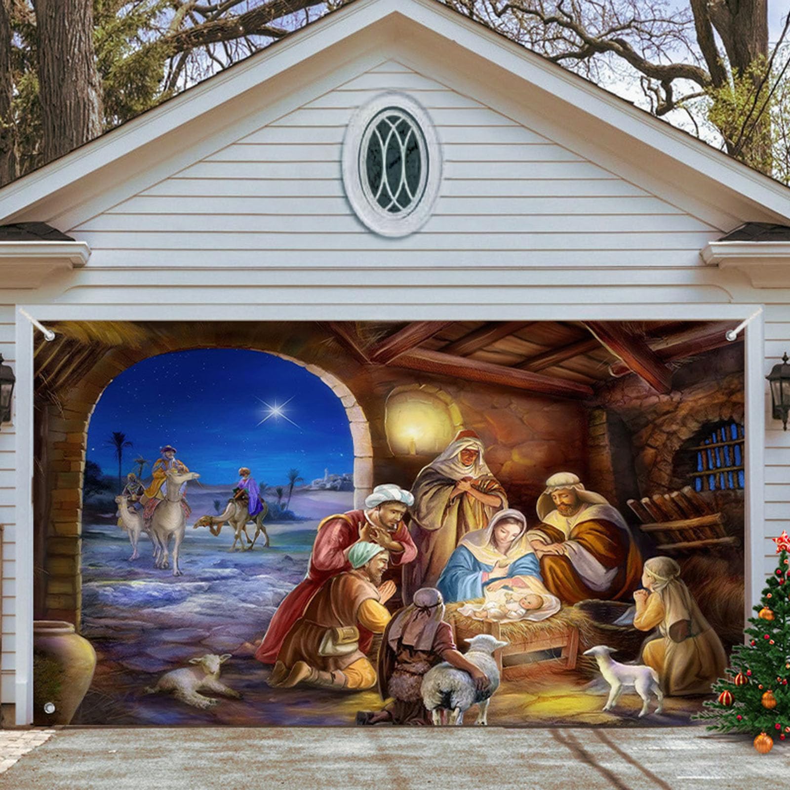 Merry Christmas Garage Door Banner Decorations Ultra Large Christmas Holiday Garage Door Banner Cover Murals, Indoor and Outdoor Nativity Scene Banner Garage Door Decor(Size:200x150cm/6.6x5ft,Color:B)