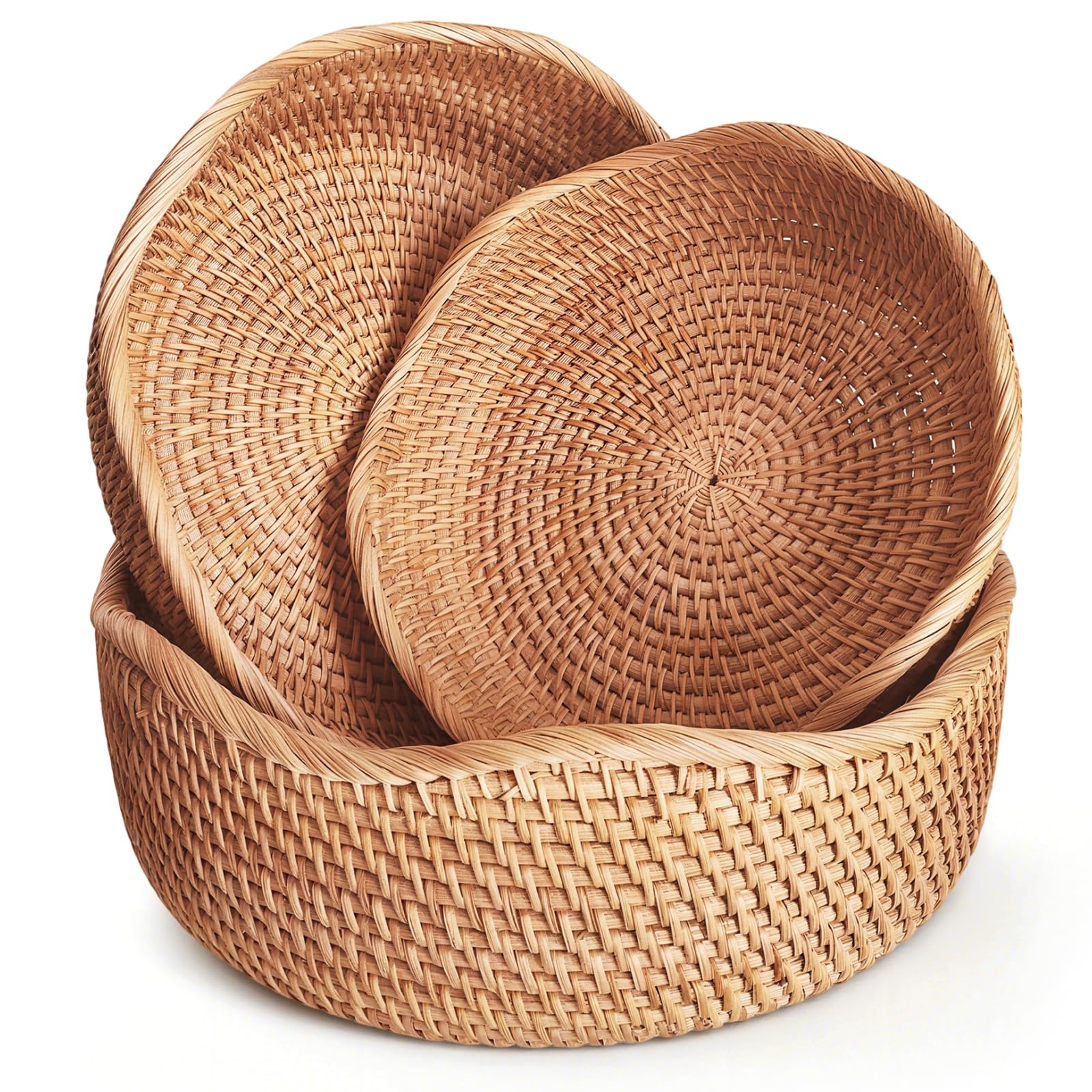 Artisanal Rattan Bread Baskets for Serving, Hand Woven Decorative Bowl, Natural Wicker Fruit Basket for Kitchen Counter, Bread Basket for Serving, Fruits, Snacks, Nuts, Keys, Wallets, Etc.(Wave-Combo)