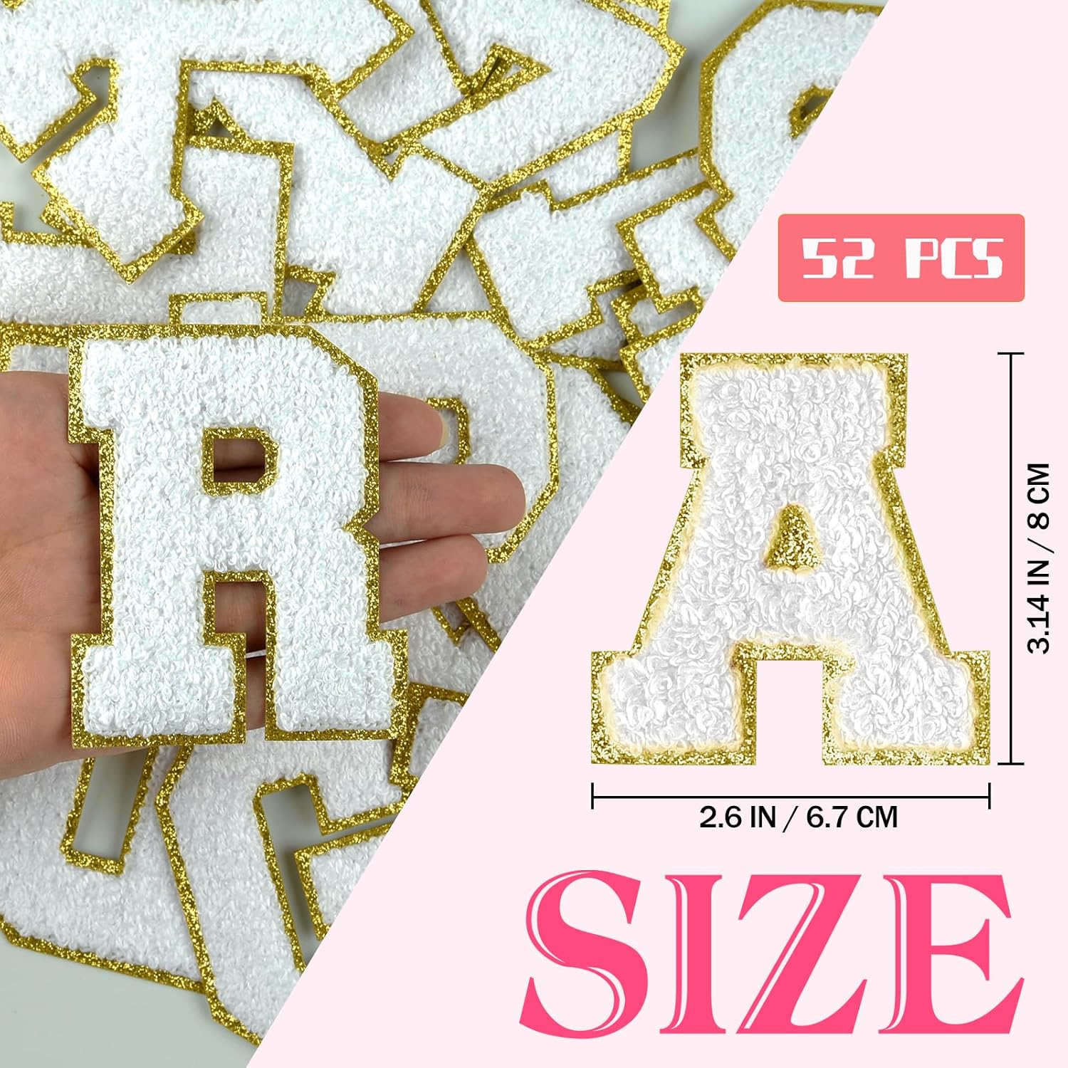 Morcheiong 52Pcs 3.14 Inch Large Chenille Letter Patches A-Z Self Adhesive, Chenille Letters for Clothing, Letters Patches for Fabric (White)