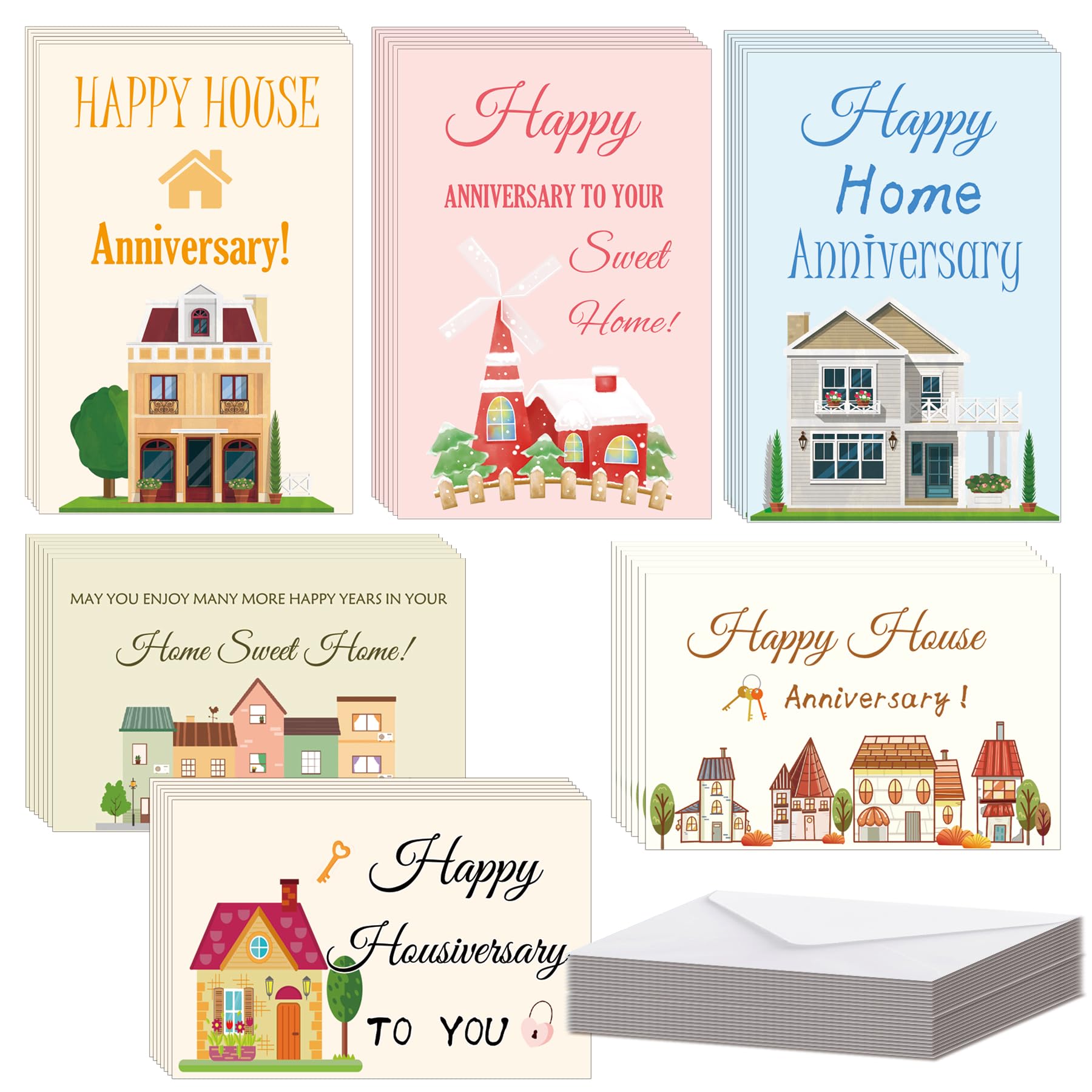 48 Set Happy Home Anniversary Cards with Envelopes Welcome Fashion New Home Card 4x6 inch Bulk Blank Welcome House Real Estate Thank You Notes Housewarming Congratulations Greeting Cards for Realtors