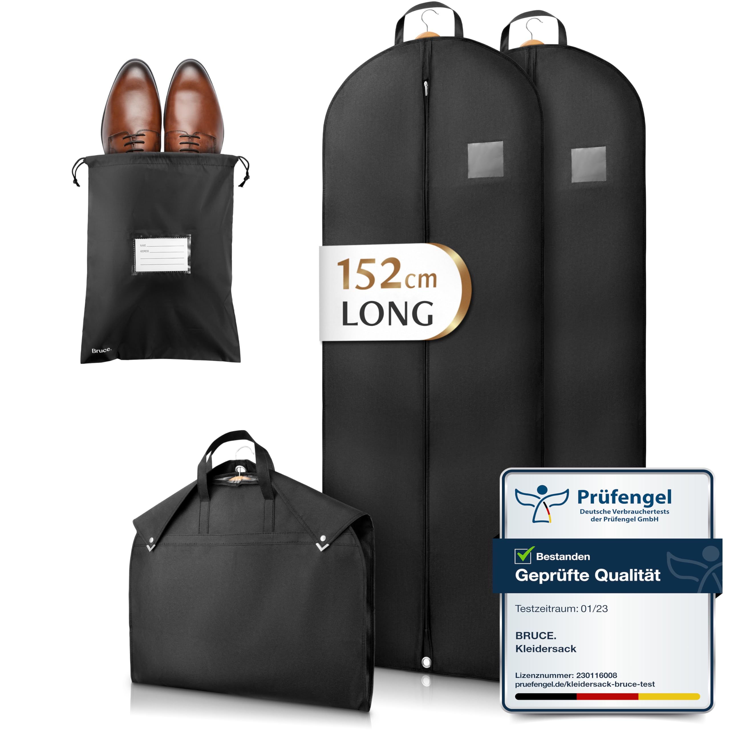 Bruce.® 2x Premium Garment Bags 152x60cm with 1x Shoe Bag, Breathable Clothes Cover for Suits Dresses, Coats & Jackets