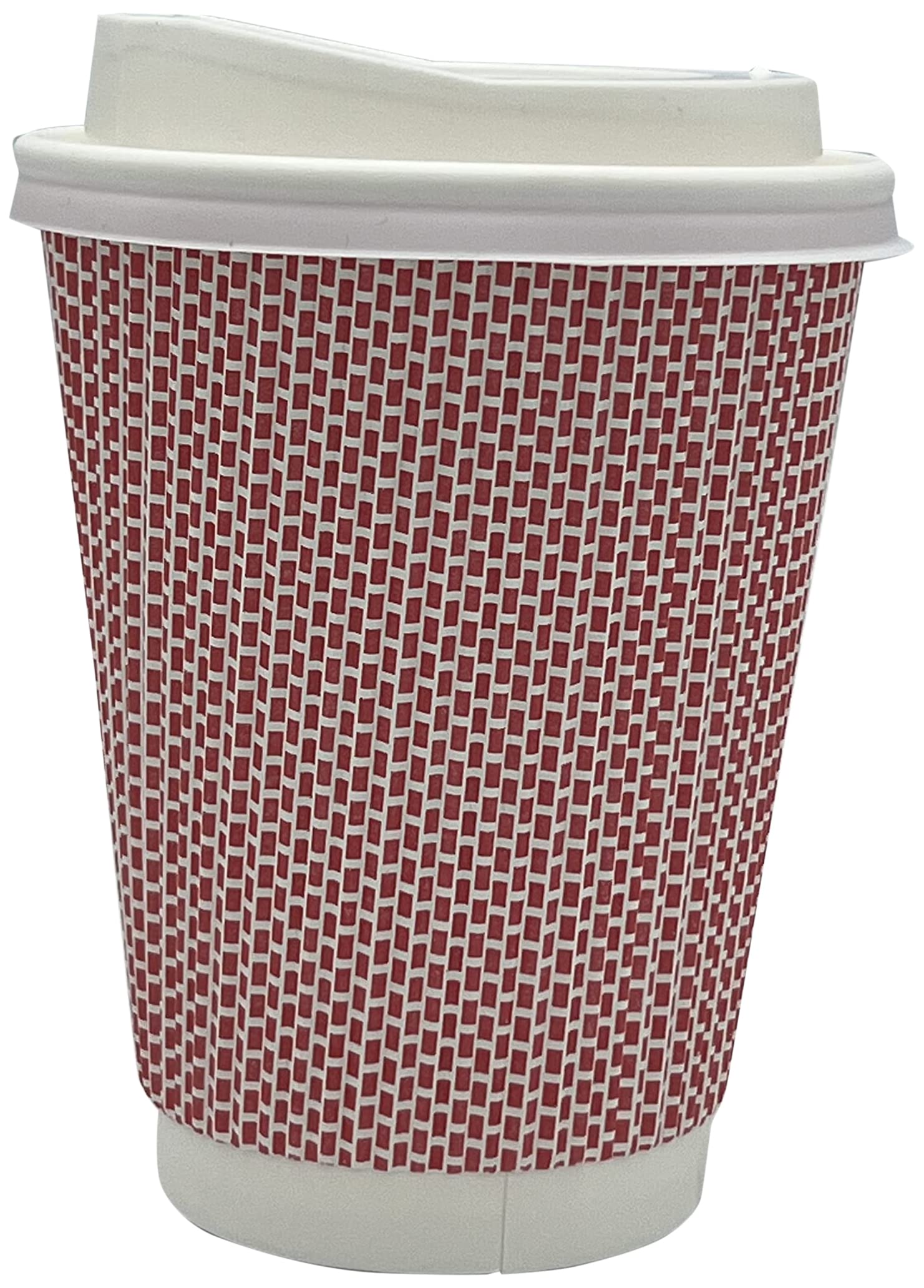 HOT BARGAINS 12oz Disposable Coffee Cups, 360ml Triple Layered Recyclable Paper Cups with Reusable Lids for hot and Cold Drinks, red and White Ripple Design, 50 Count
