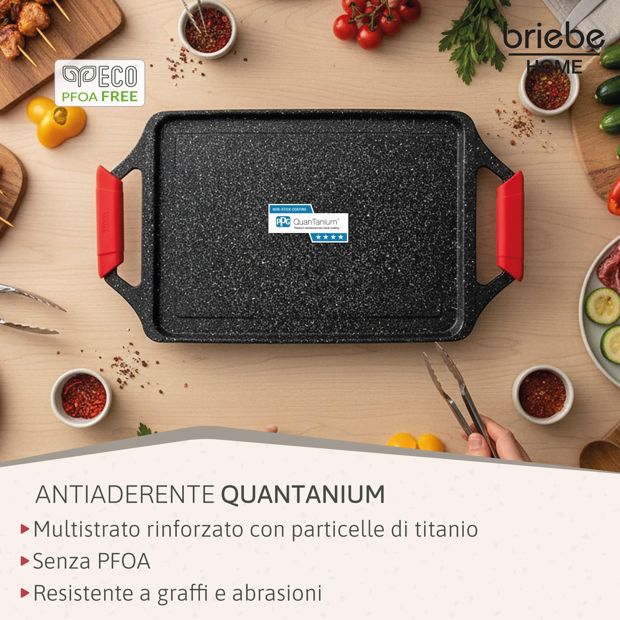 briebe Black Titanium Bistecchiera Induzione, Antiaderente Titanio, Alluminio Fuso, Padella Piastra Griglia 43x25cm, Rivestimento senza PFOA, Manici in Silicone, Vitroceramica, Gas, Forno