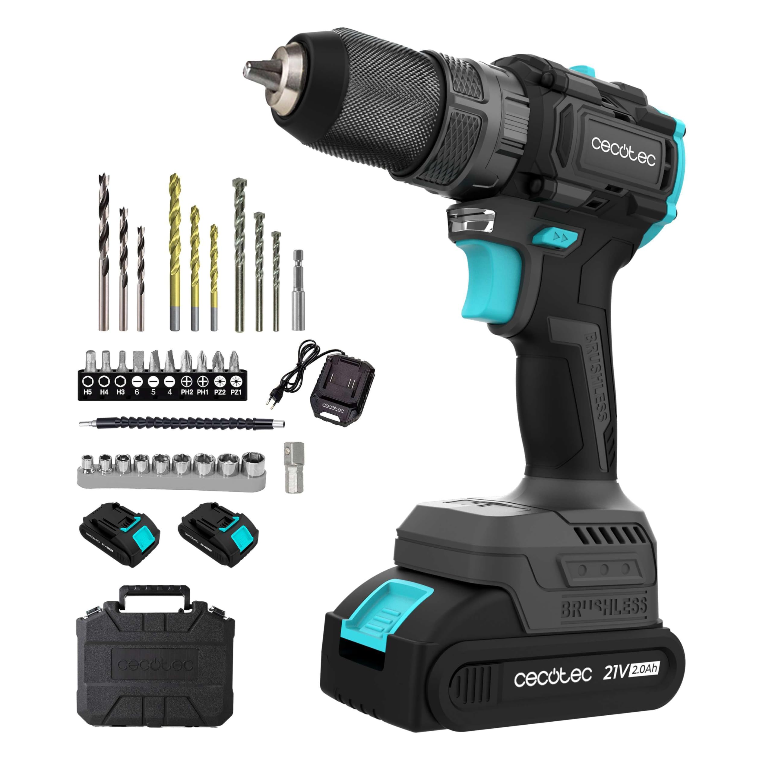 Cecotec Trapano a Percussione - Trapano Portatile PowerForce 3000 Impact Brushless. Motore Brushless, 32000IPM, 2 Batterie 21V-2000mAh, 1500rpm, Coppia 45Nm Regolabile 25+1 livelli, Luce Accessori