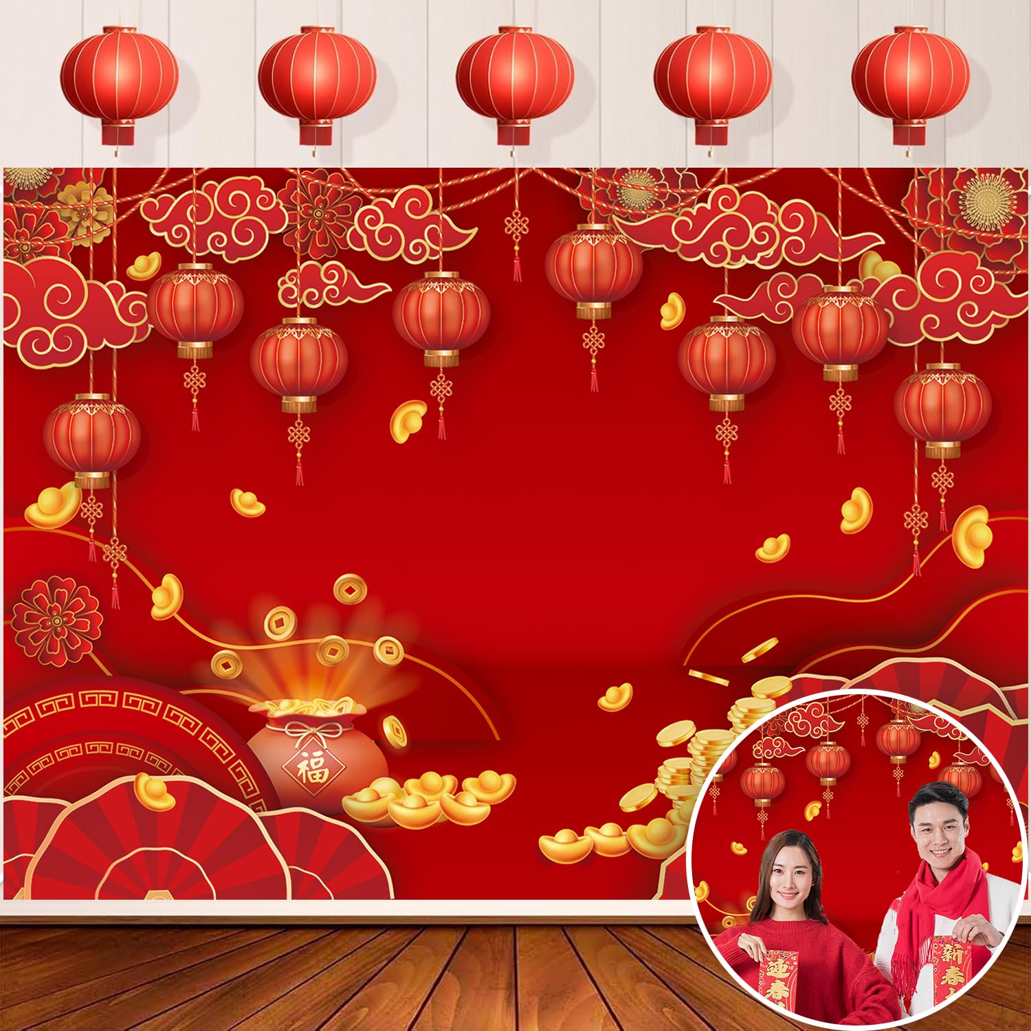 Chinese New Year Backdrop Decoration 2026 Year of The Horse Spring Festival Red Lantern Photography Background for Chinese Lunar New Year Family Yard