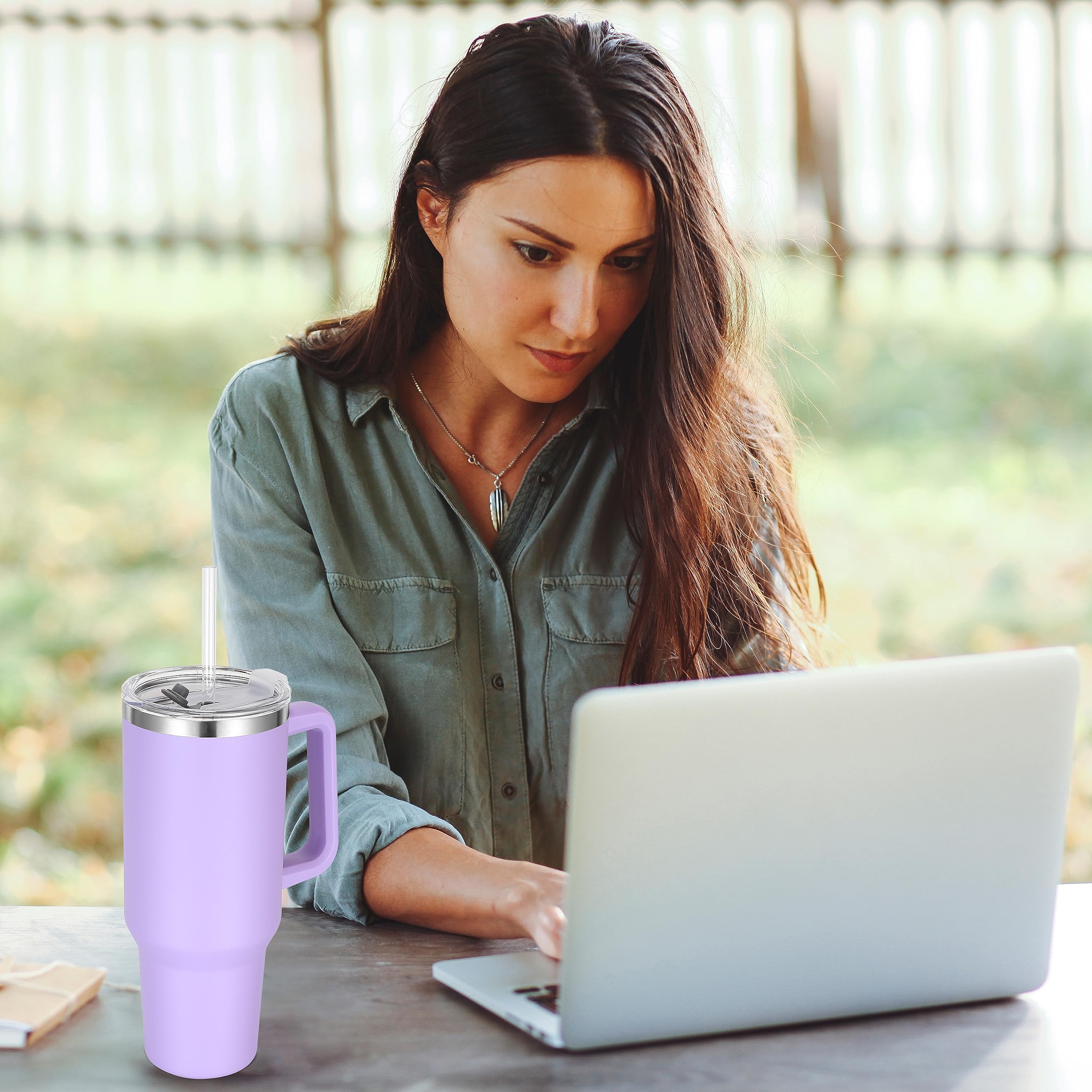 Rietore 40 oz Tumbler with Handle and Straw, Insulated Stainless Steel Tumbler with 2 In 1 Lid, Double Vacuum Travel Mug Coffee Cup, Lavender Pack 1
