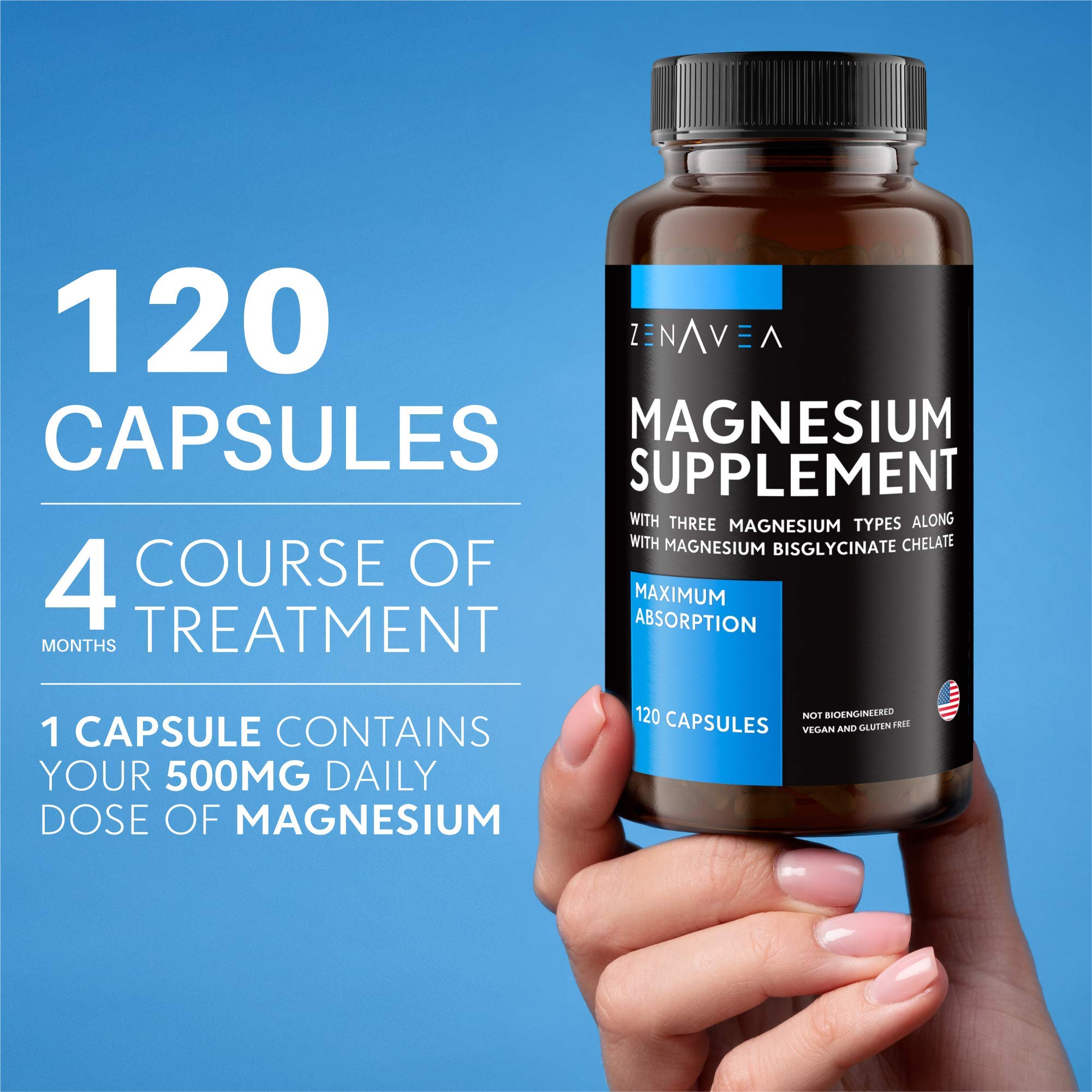 Magnesium Supplement (120 Vegan Capsules) 500mg of Magnesium Malate