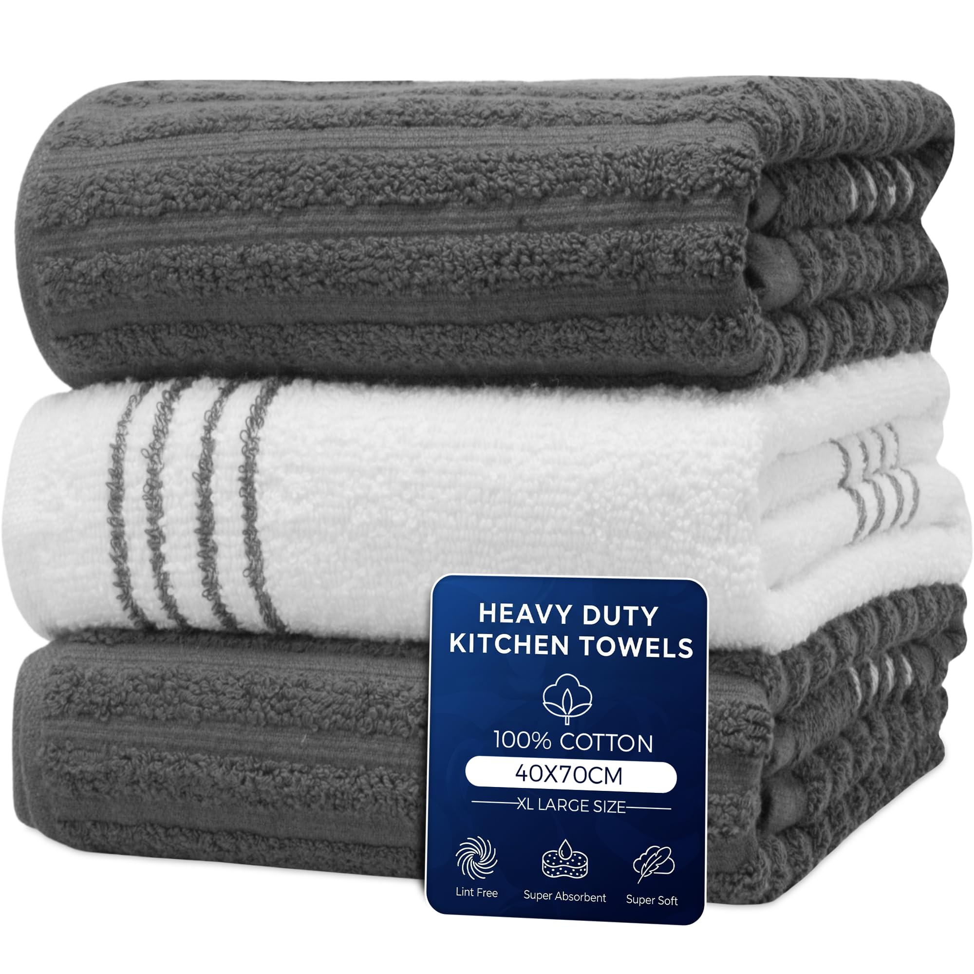 Towelogy Cotton Kitchen Tea Towels Ribbed Terry - Pack of 3, Absorbent, 70 x 40 cm Grey/White Dish Towels