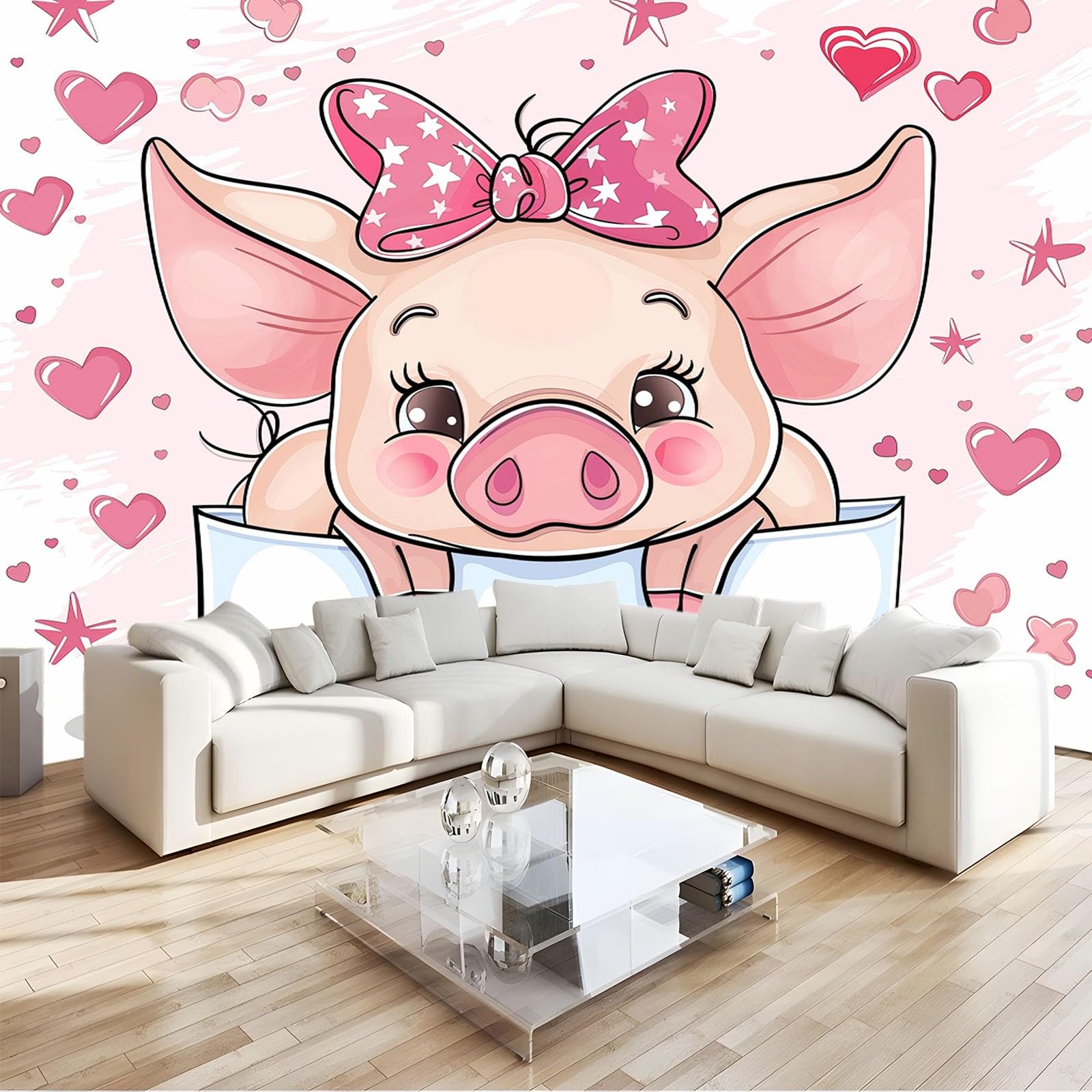 Papier Peint Enfant 3D Dessin Animé Animal Rose Revêtement Mural Panoramique