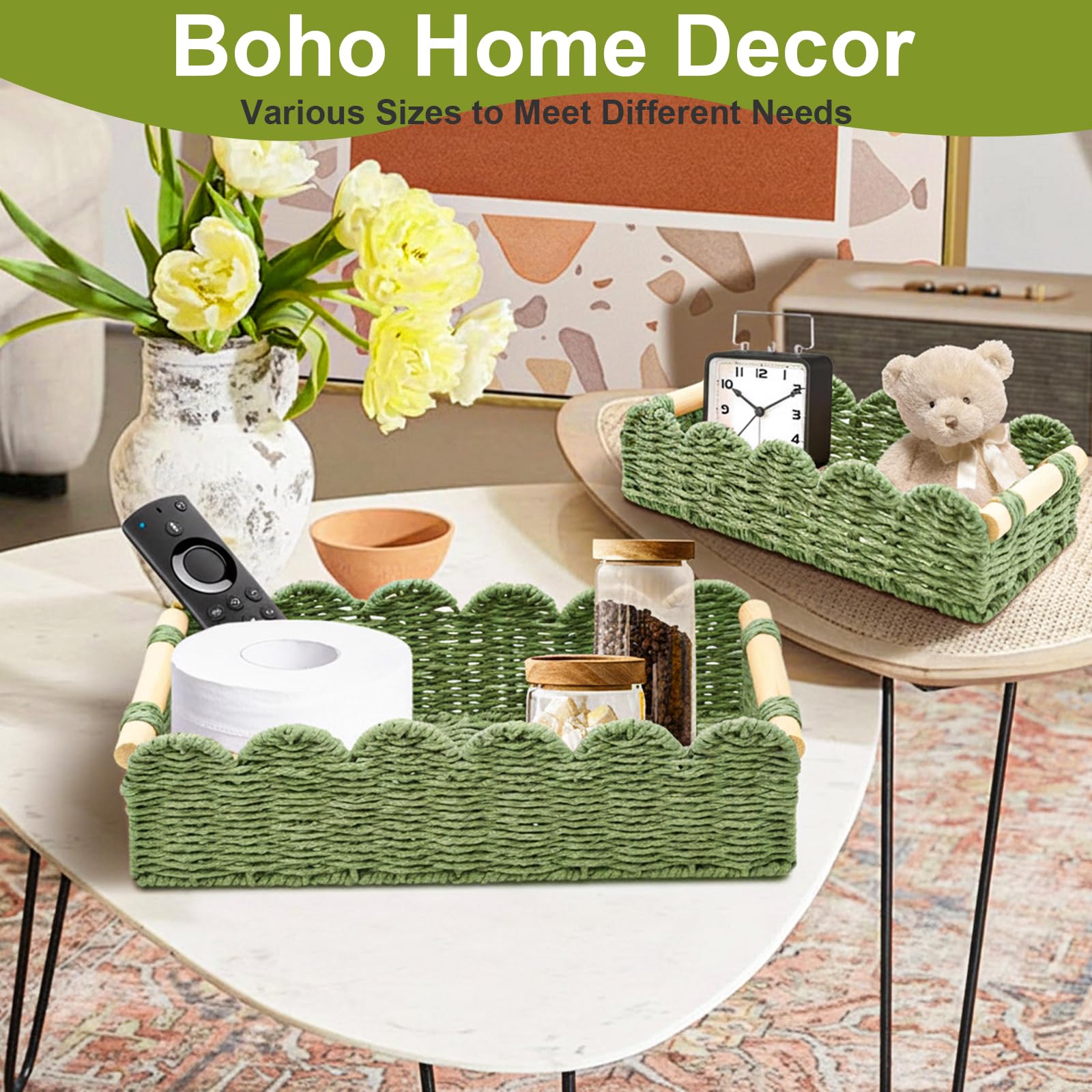Set di 2 Cestino Portaoggetti, Cesto Vimini Portaoggetti Intrecciato con Maniglia,Organizer Bagno, Impilabile Cestini Stoccaggio Organizer Fasciatoio per Cameretta Salotto Bagno (Verde)