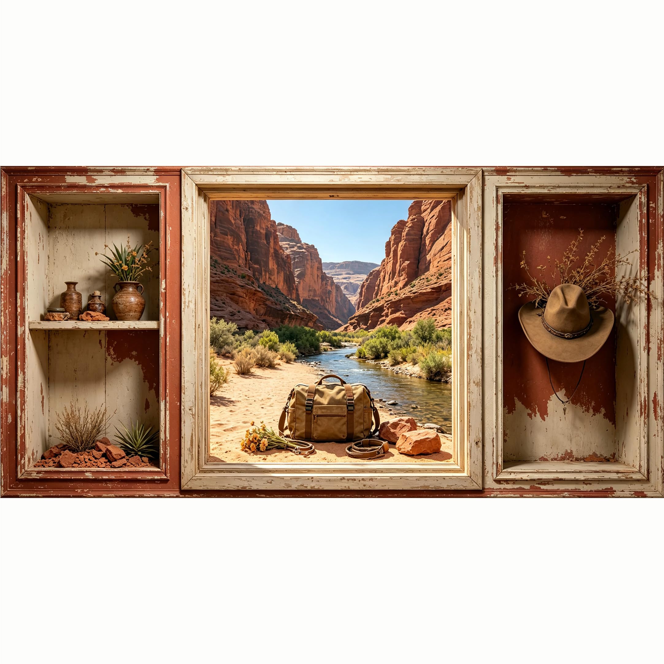 QZLITHOTIC 50x100cm 3D Framed Wall Art， Western Canyon River Landscape Self‑Adhesive Mural， Water‑Activated Peel & Stick Fabric Decor Wall Decal for Bedroom Living Room