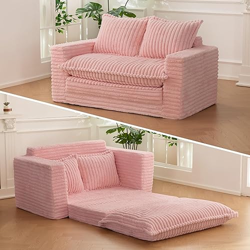 Loveseat Sleeper Sofa, Convertible Sofa Bed Couch Futon Couches for Living Room, 3-in-1 Pull Out Floor Couch with Washable Cushion and Pillows, Pink