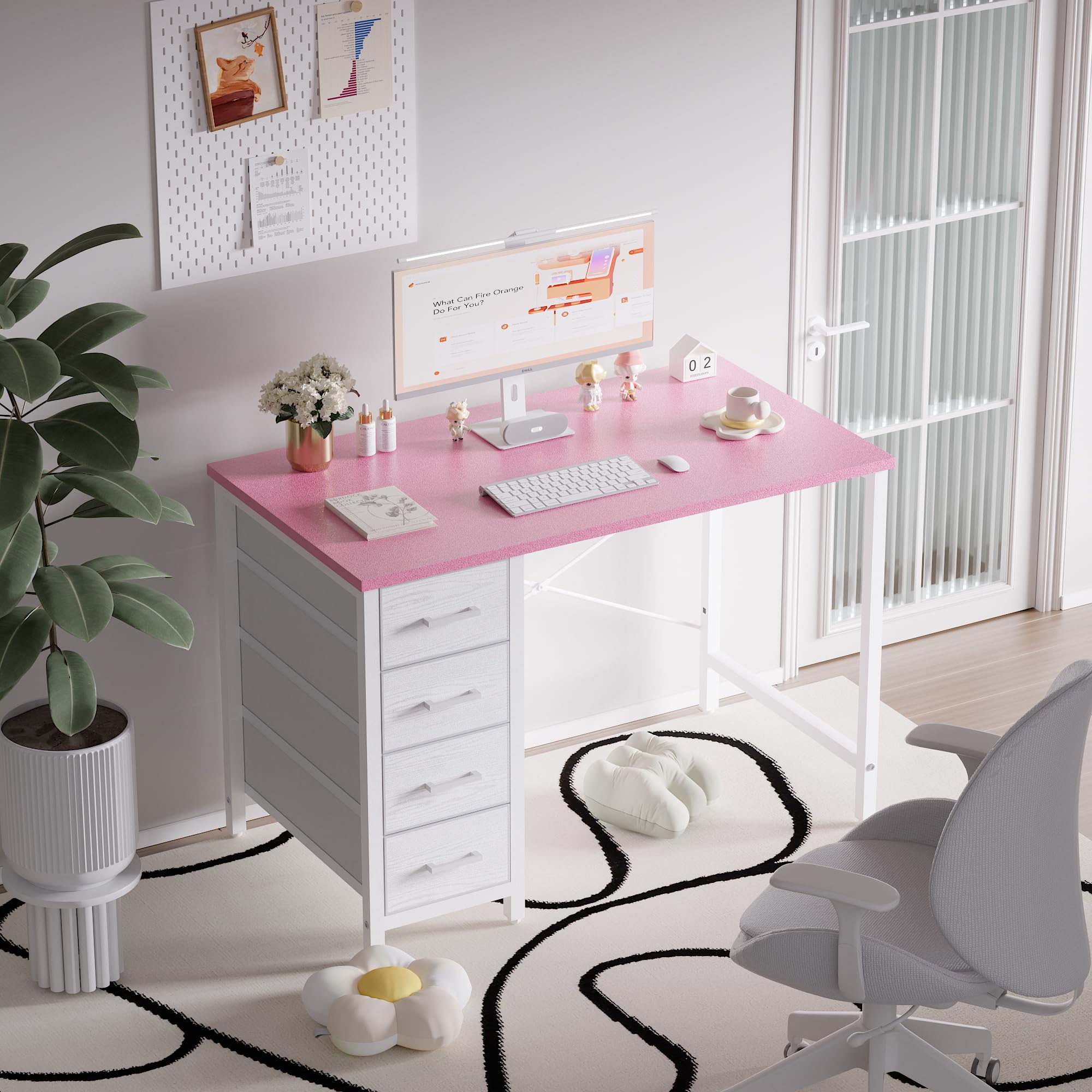 PAMRAY Escritorio para PC de 80 cm con 4 cajones, Pequeño Escritorio para el hogar, Dormitorio, Estudio, Escritorio para PC Sencillo y Moderno, Rosa