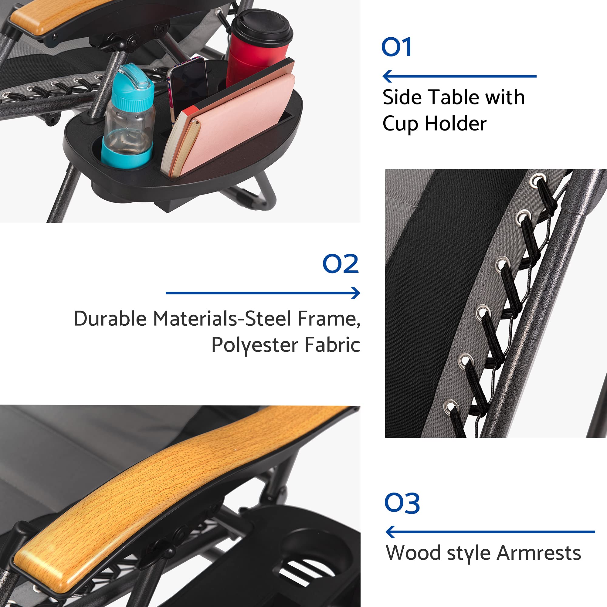 Coastrail Outdoor CTOZGC3BKDSV 400lbs Capacity Padded Seat Cool-Mesh Back Zero Gravity Reclining Lounge Chair, Black/Grey