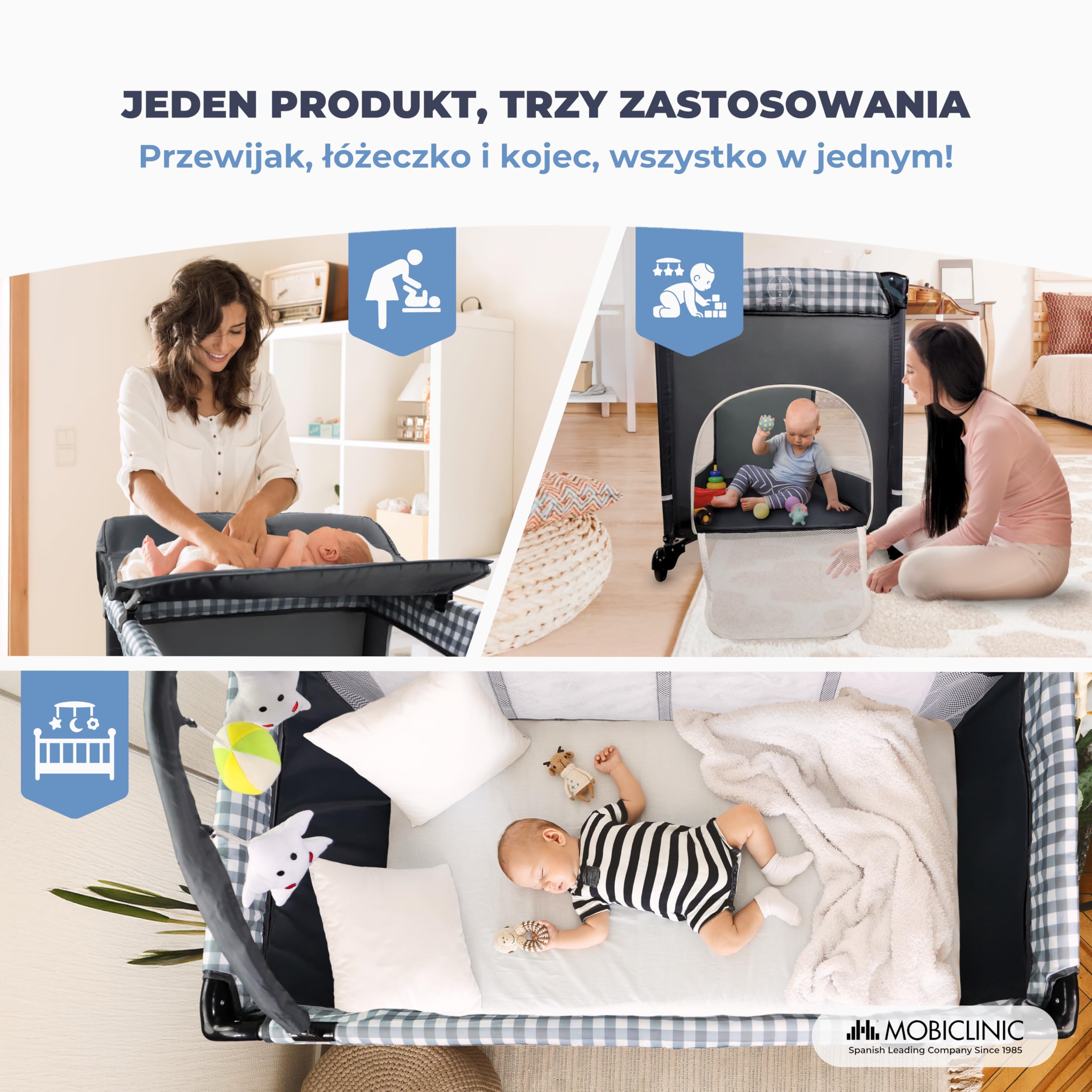 Mobiclinic®, Łóżeczko dziecięce 3 w 1, Kojec, Z przewijakiem, Od 0 miesięcy do 15 kg, Bocznym wyjściem, Kółkami hamulcem, Torbą przechowywania, Składane, Caelum, Oddychająca tkanina