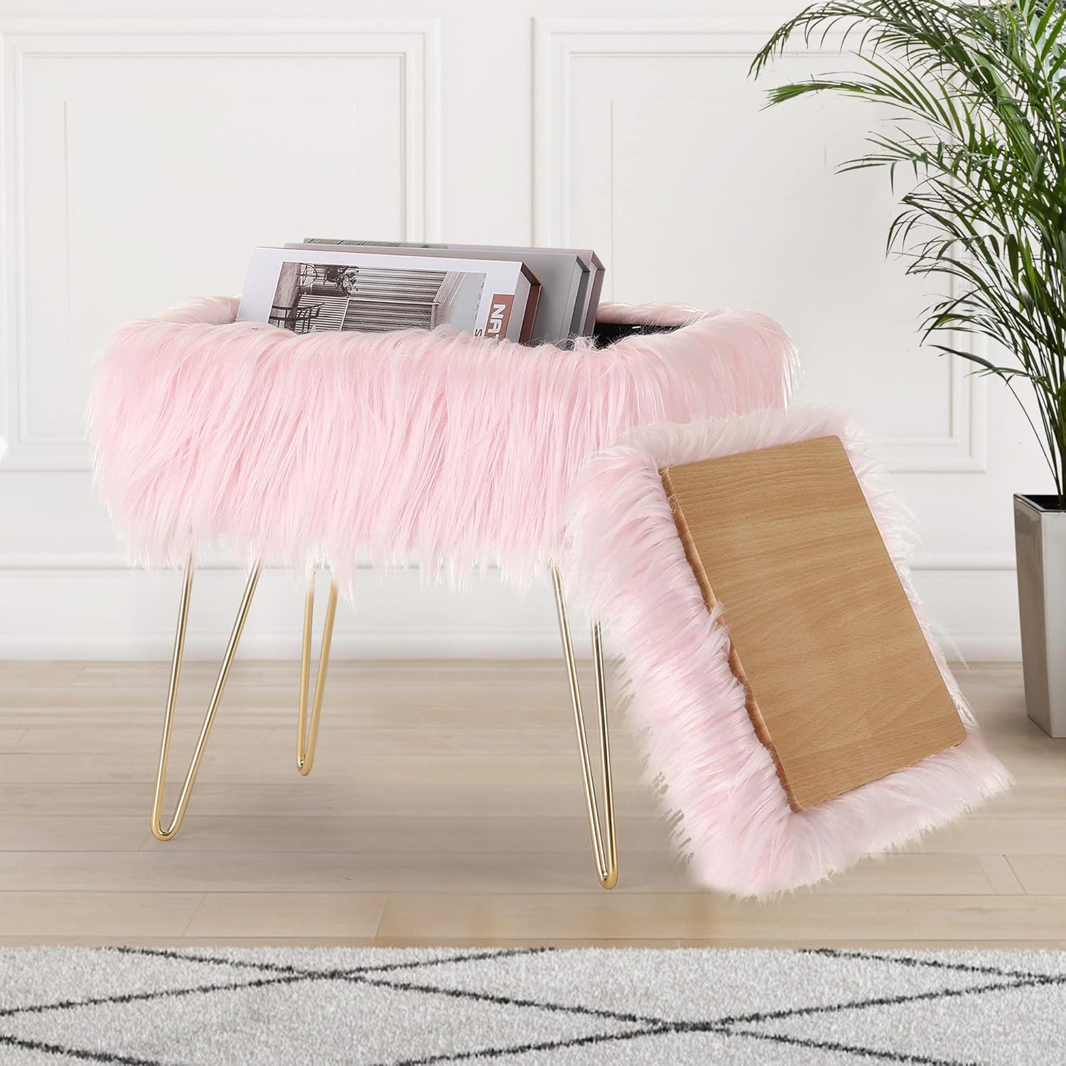 Vanity Stool Faux Fur Ottoman Cute Rectangle Faux Fur Chair with Storage, Fuzzy Bench Fluffy Footrest, for Girls Up to 330 LBS, for Makeup Room Bedroom, with Metal Legs, Pink
