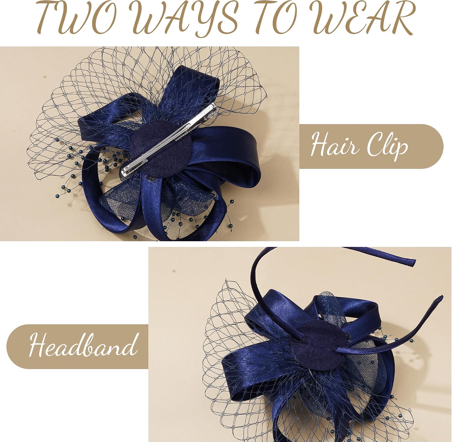 20s Fascinators Hat for Women Tea Party Flower Headpiece Mesh Hair Clip for Bridal Wedding Dress Party Navy Blue