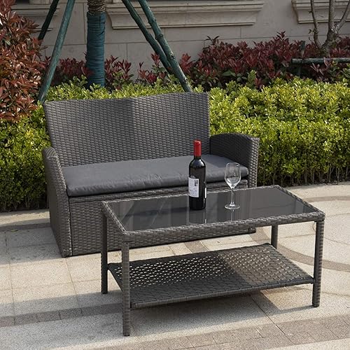 Miniatura 2 de C-Hopetree Mesa auxiliar de café pequeña para almacenamiento de patio exterior, mimbre gris para todo tipo de clima con parte superior de vidrio,